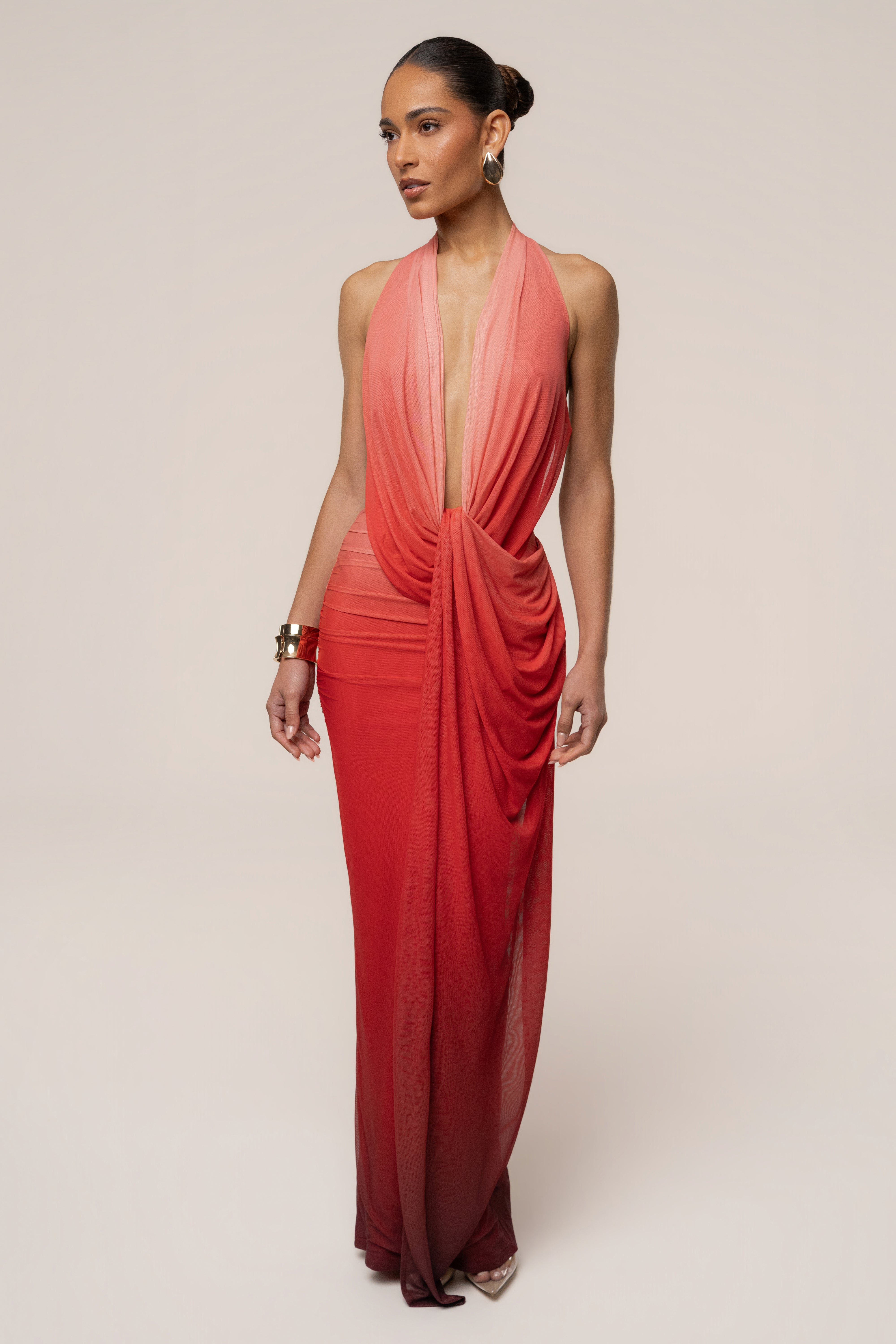 JLUXLABEL Terra Sol Alaina Plunge Maxi Dress, flowing dress with deep neckline and elegant design, perfect for summer occasions.