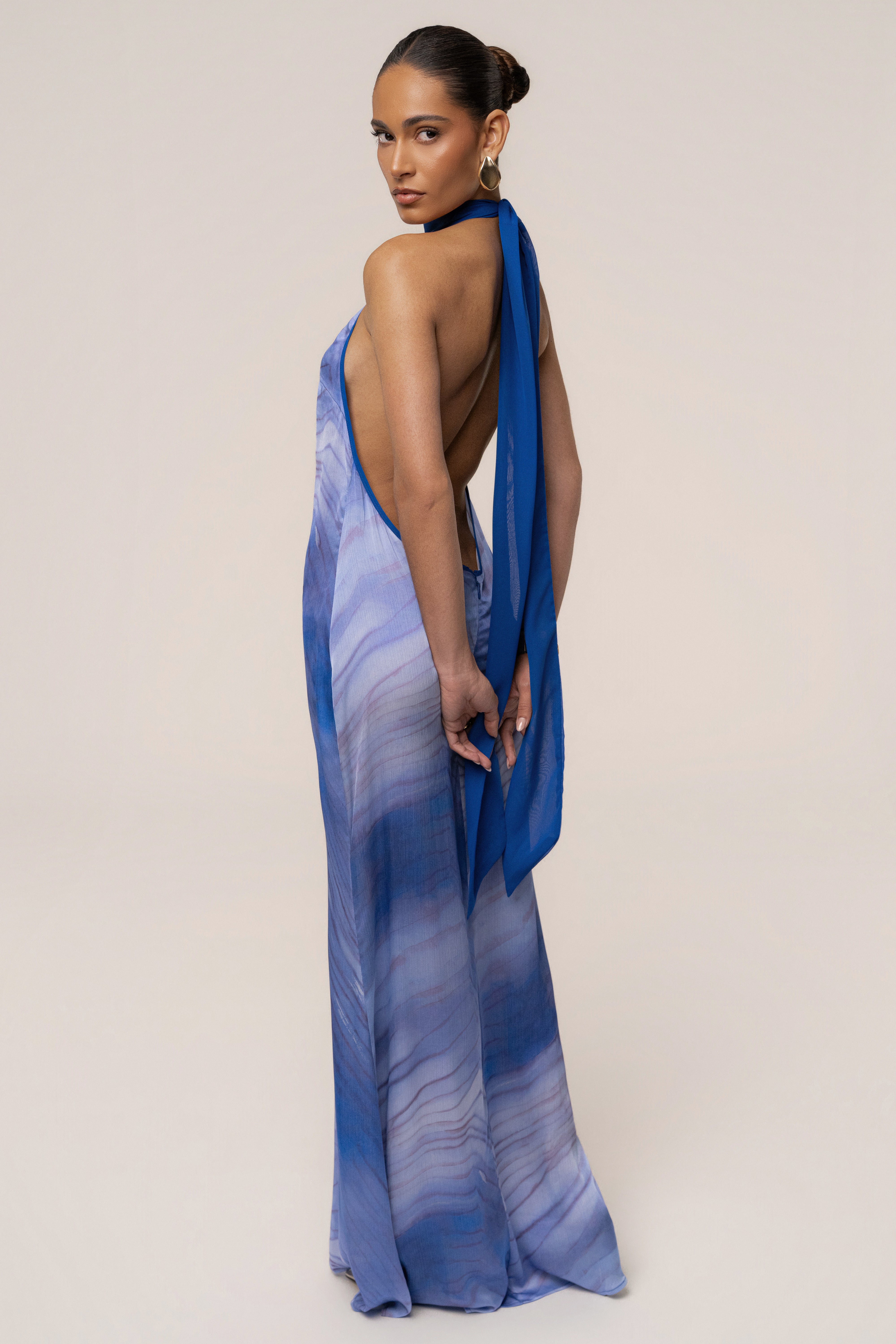 Blue sunset waves maxi dress by JLUXLABEL, flowing fabric with vibrant wave print, perfect for summer or special occasions.