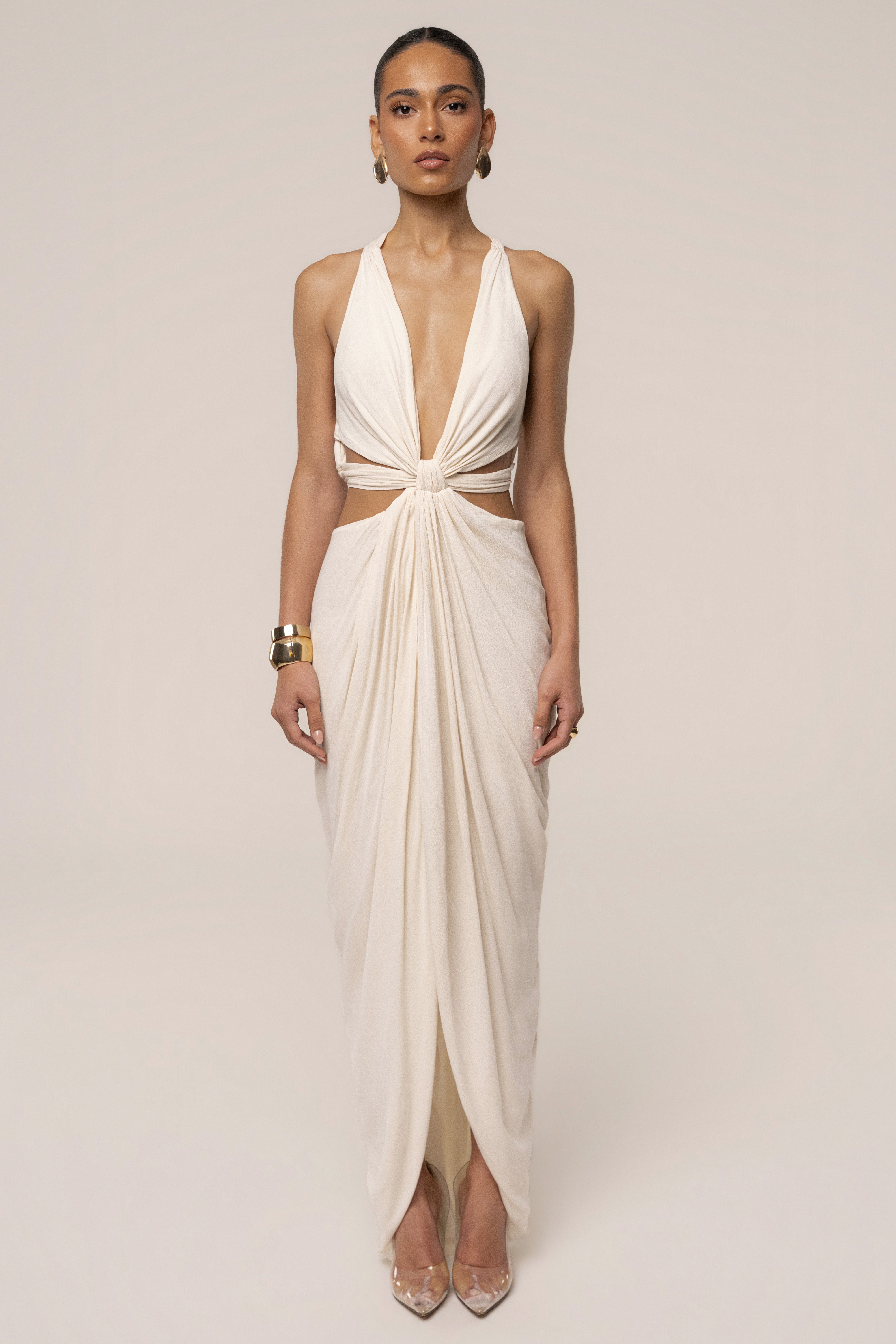 Cream Warm Sunsets Maxi Dress by JLUXLABEL, flowing dress with sunset-inspired print and sleeveless design, perfect for summer.