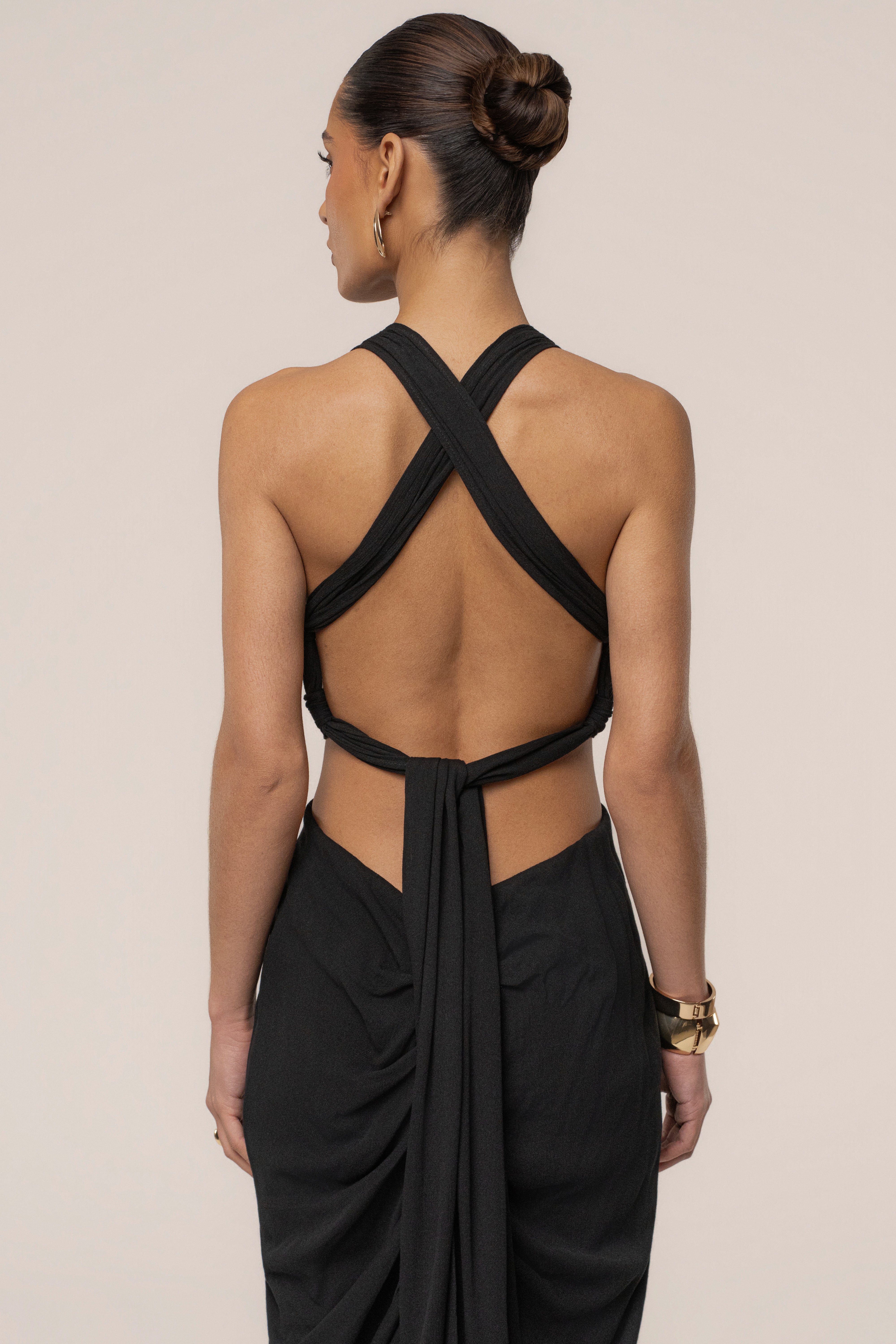 Black warm sunset maxi dress by JLUXLABEL featuring flowy fabric and elegant design, perfect for summer evenings.