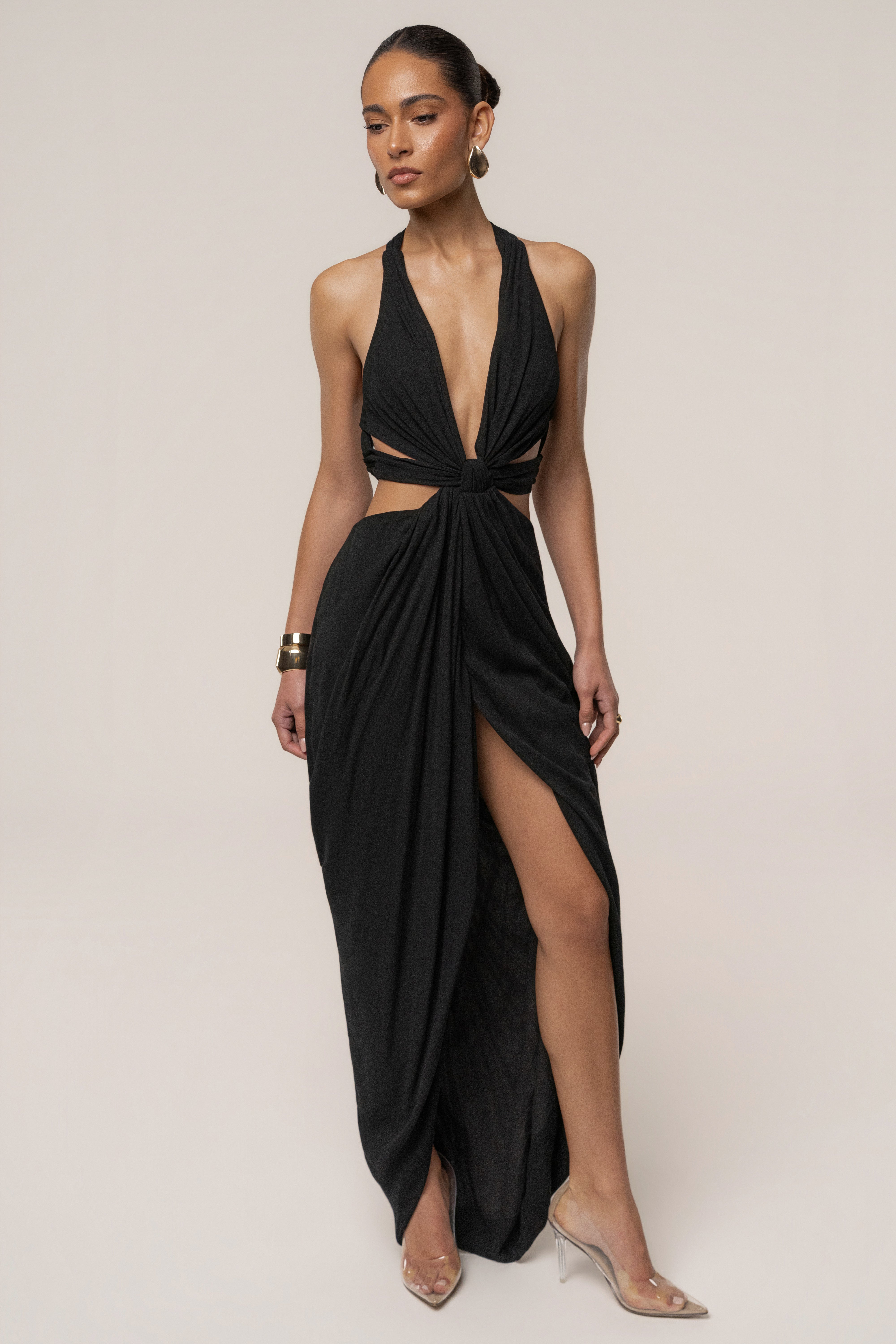 Black Warm Sunsets maxi dress by JLUXLABEL featuring a flowing silhouette and sunset-inspired print, perfect for summer evenings.