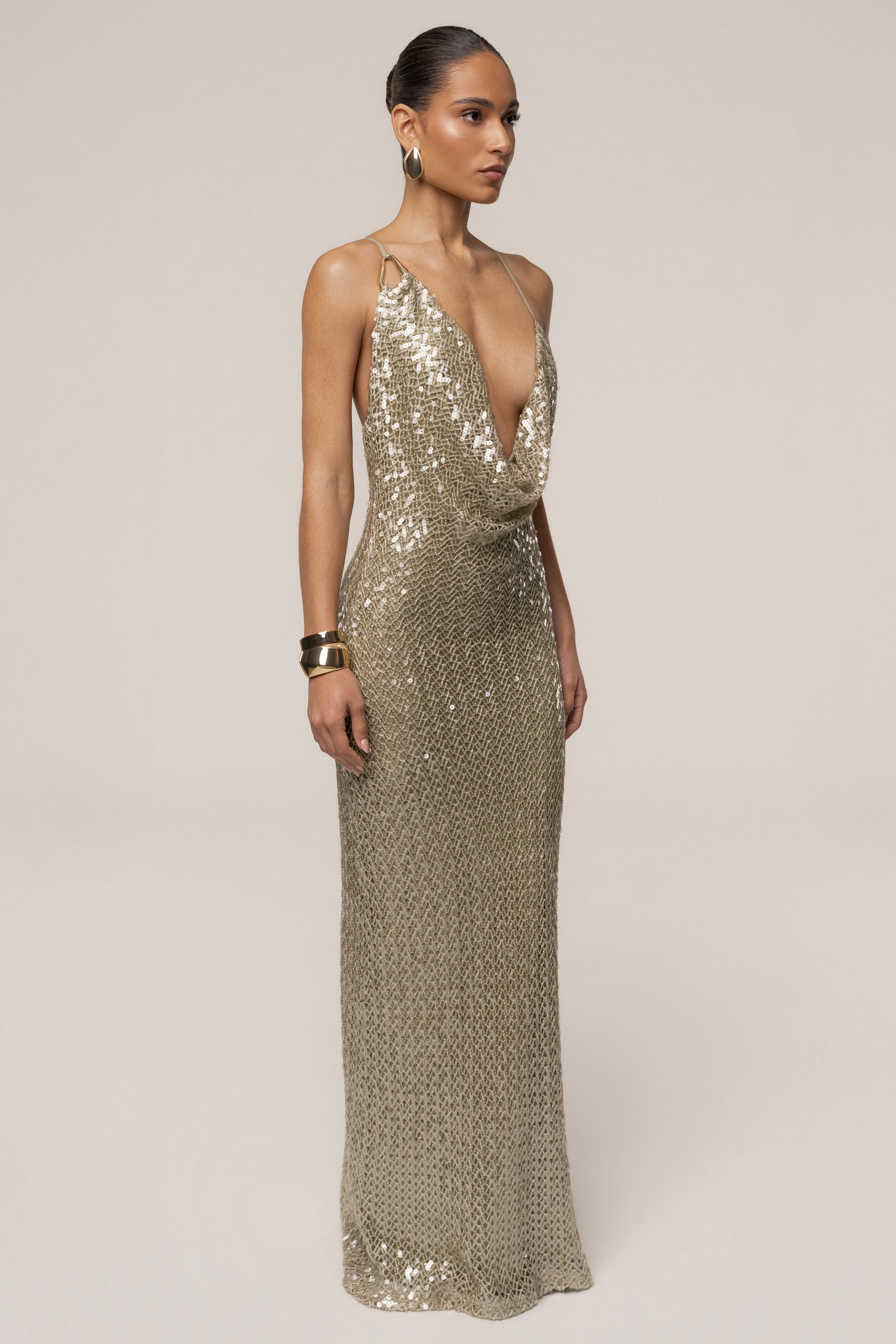 Sage Marisela sequin maxi dress by JLUXLABEL featuring a flowing silhouette and shimmering sequin details.