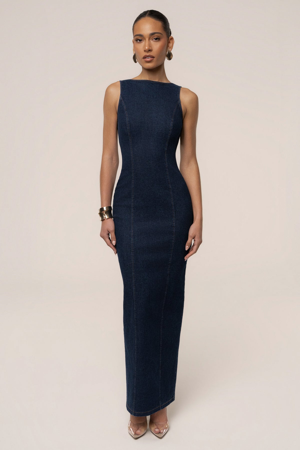 Dark denim sculpt maxi dress by JLUXLABEL featuring a fitted silhouette and flowing length, perfect for stylish, casual occasions.
