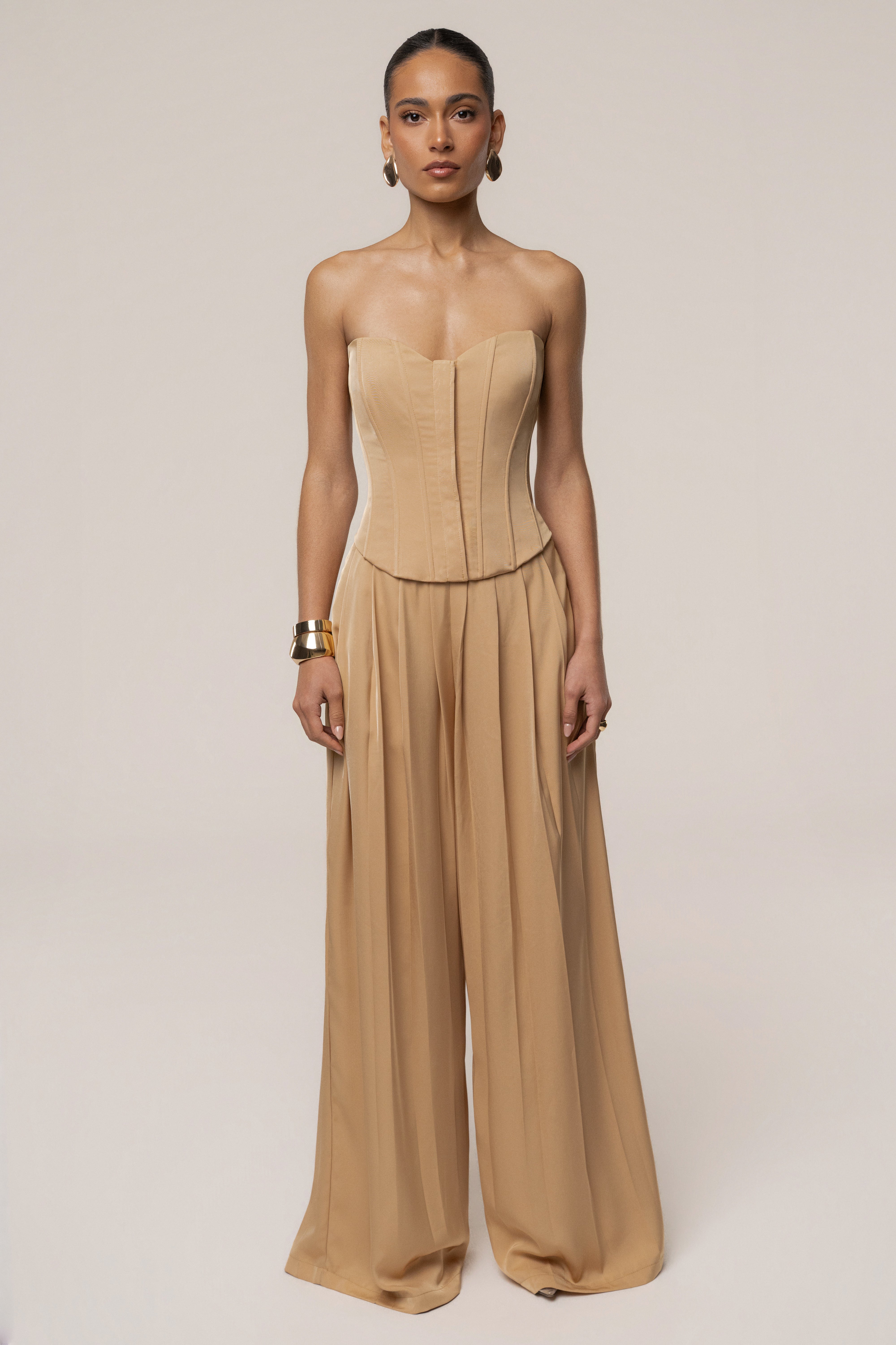 Beige Viv Satin Bustier Top from JLUXLABEL, featuring smooth satin fabric and structured fit, perfect for stylish occasions.