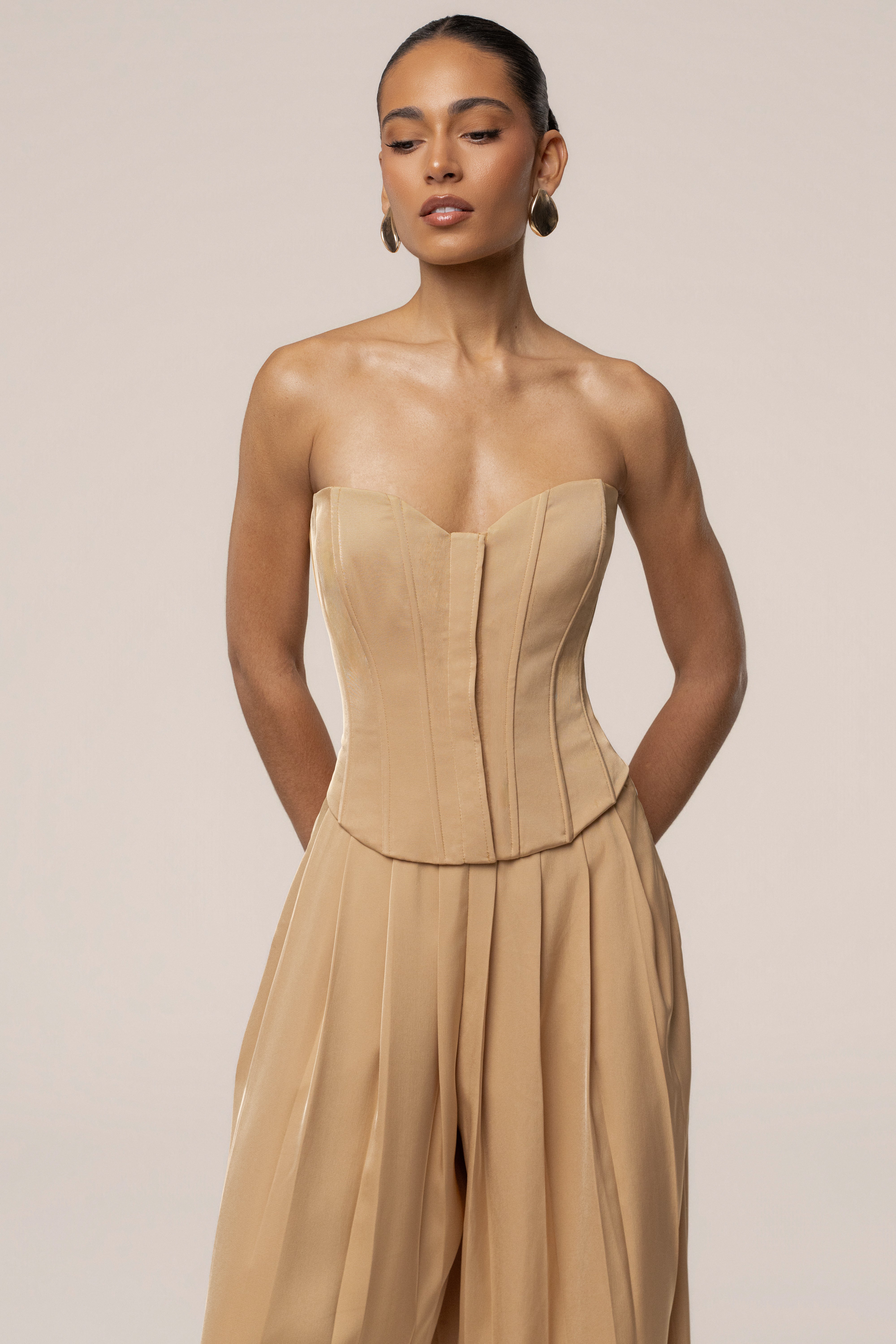 Beige Viv Satin Bustier Top by JLUXLABEL, stylish women's sleeveless top with satin finish and bustier design.