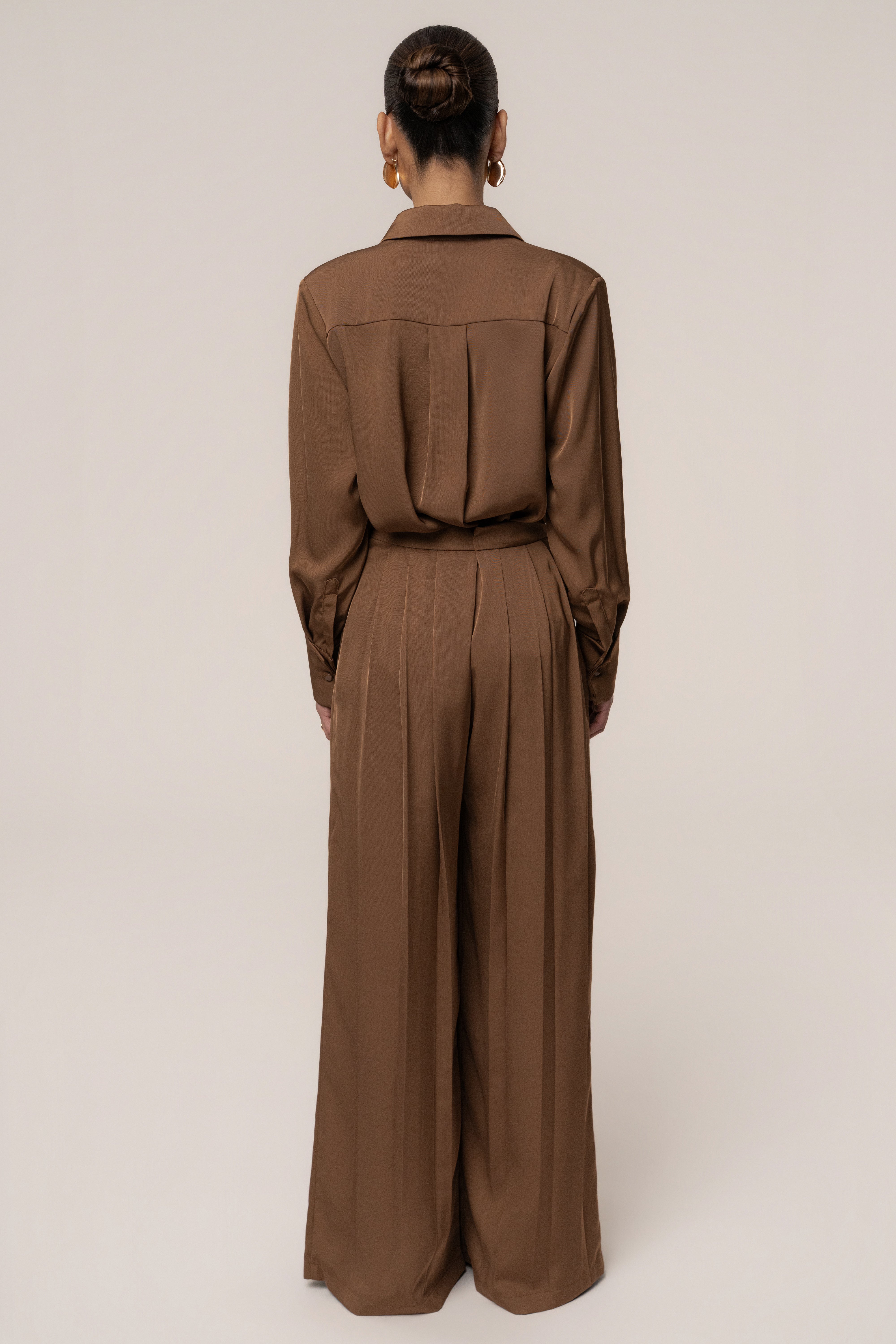 Brown Clara Wide Leg Pleated Trousers