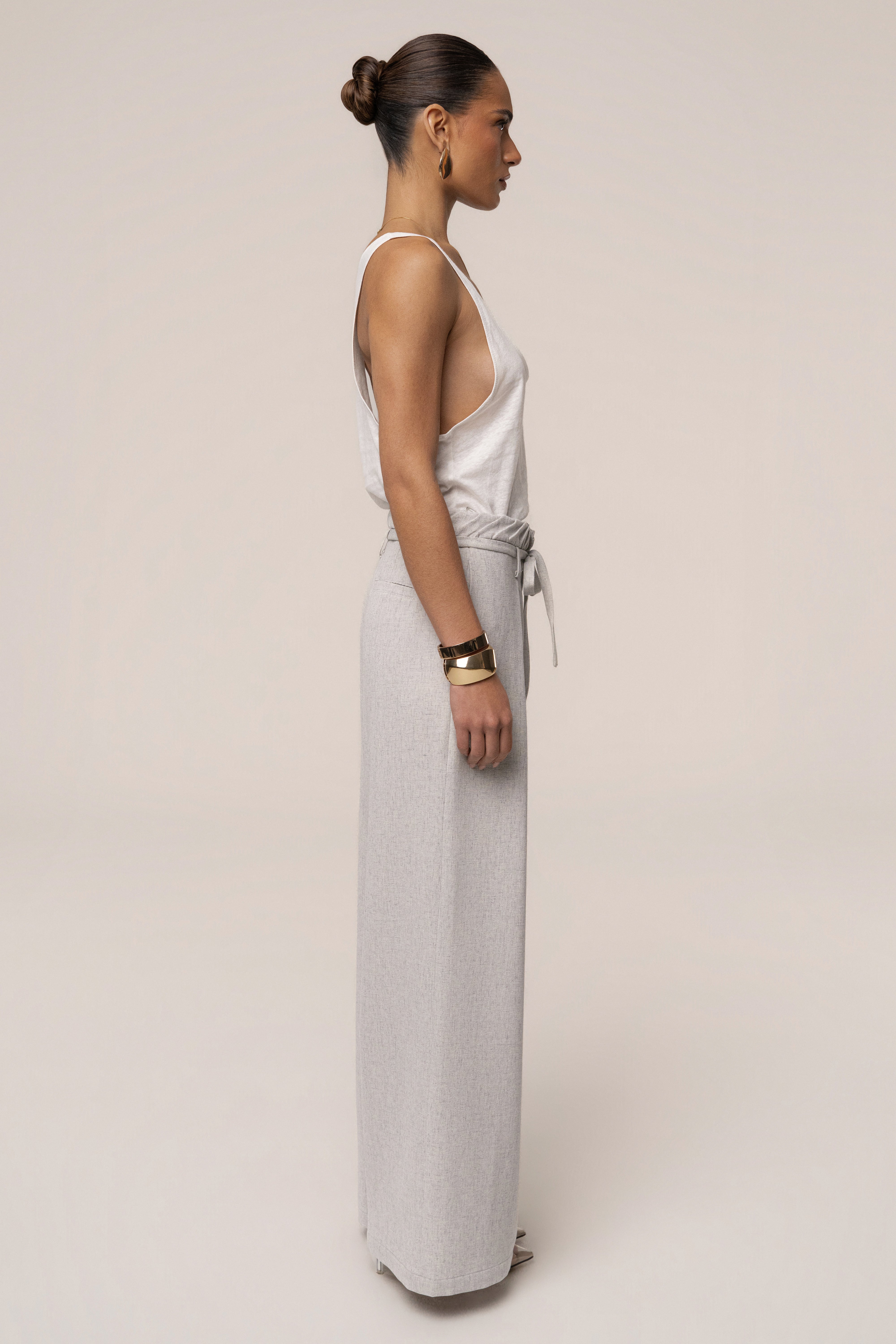 Heather grey JLUXLABEL wide leg pants with a relaxed fit, featuring a refined design and comfortable waistband.