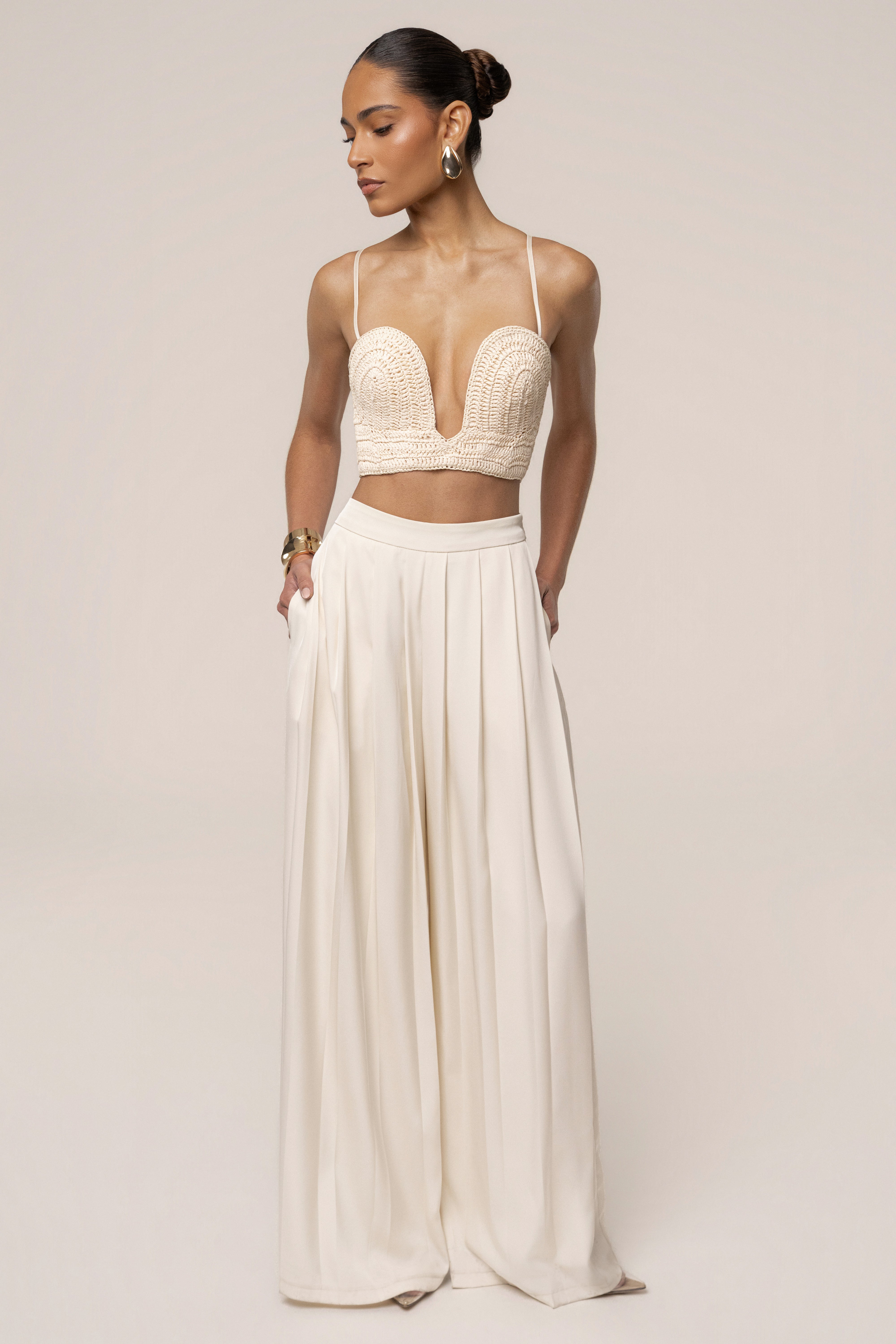 JLUXLABEL Buttercream Clara Wide Leg Pleated Trousers, light-colored bottoms with wide legs and pleats, casual and stylish fit