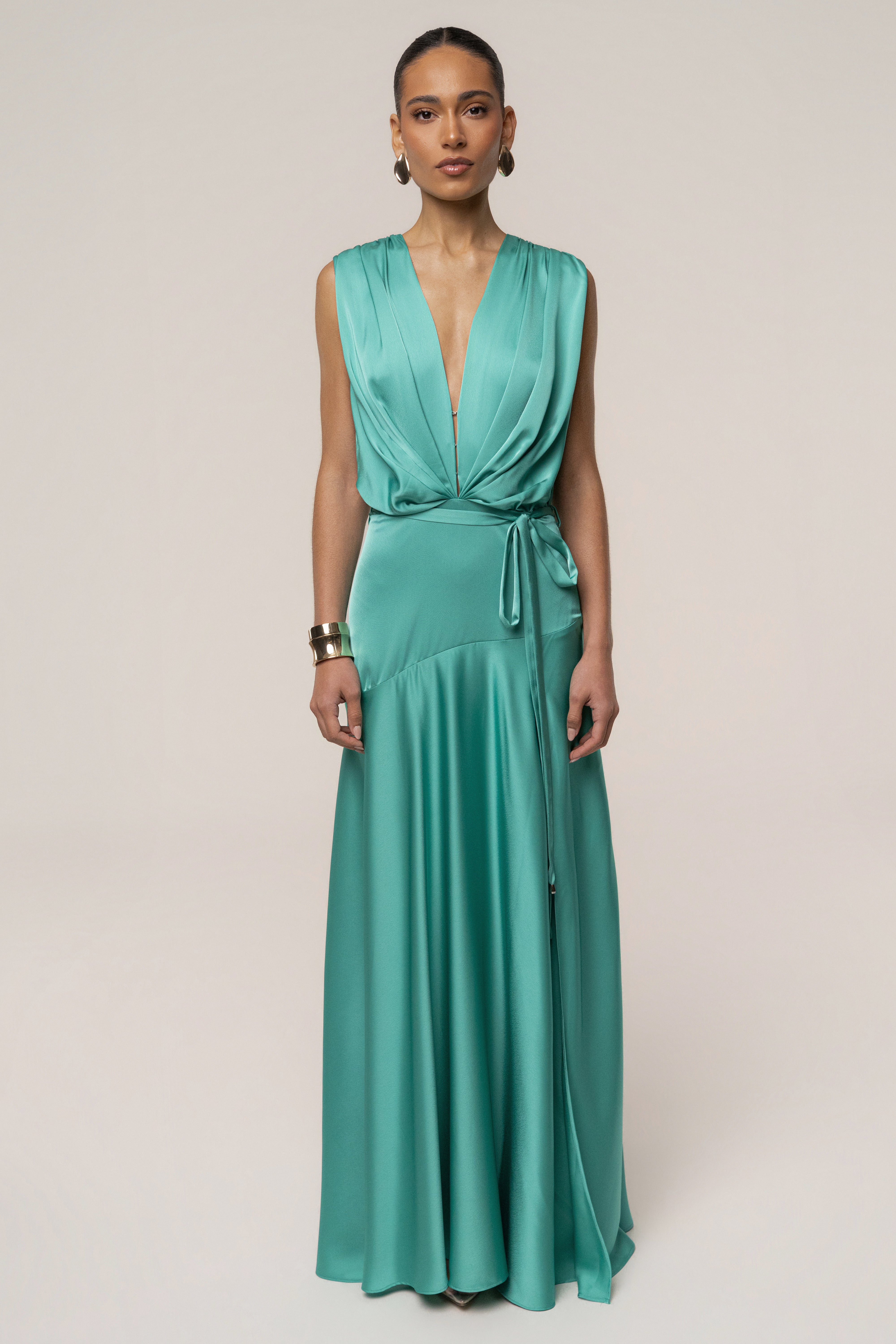 JLUXLABEL Aqua Amalia satin maxi dress with flowing fabric and elegant design, shown in a new color option.