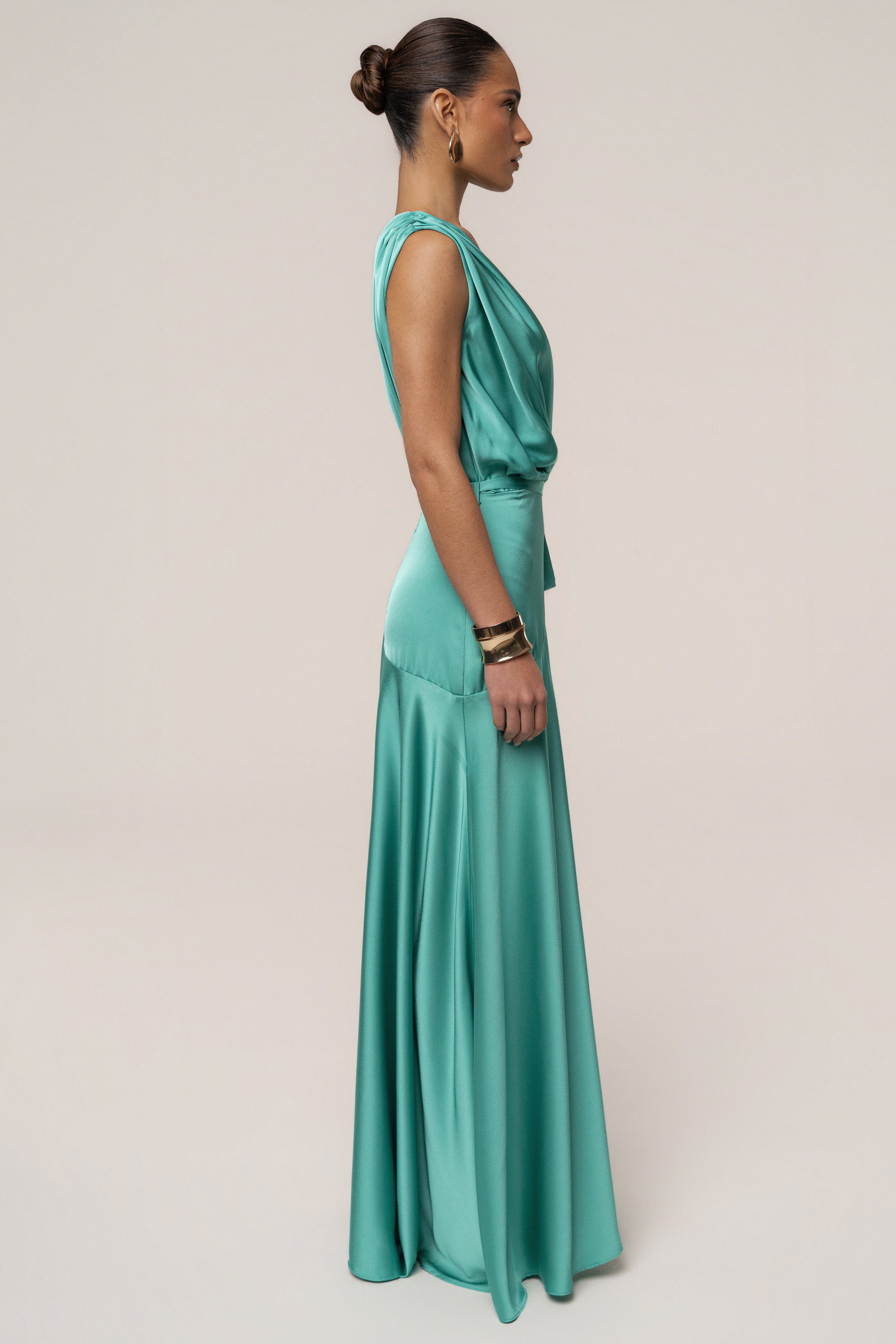 JLUXLABEL Aqua Amalia satin maxi dress in new colors, flowing fabric, elegant design, and floor-length style.