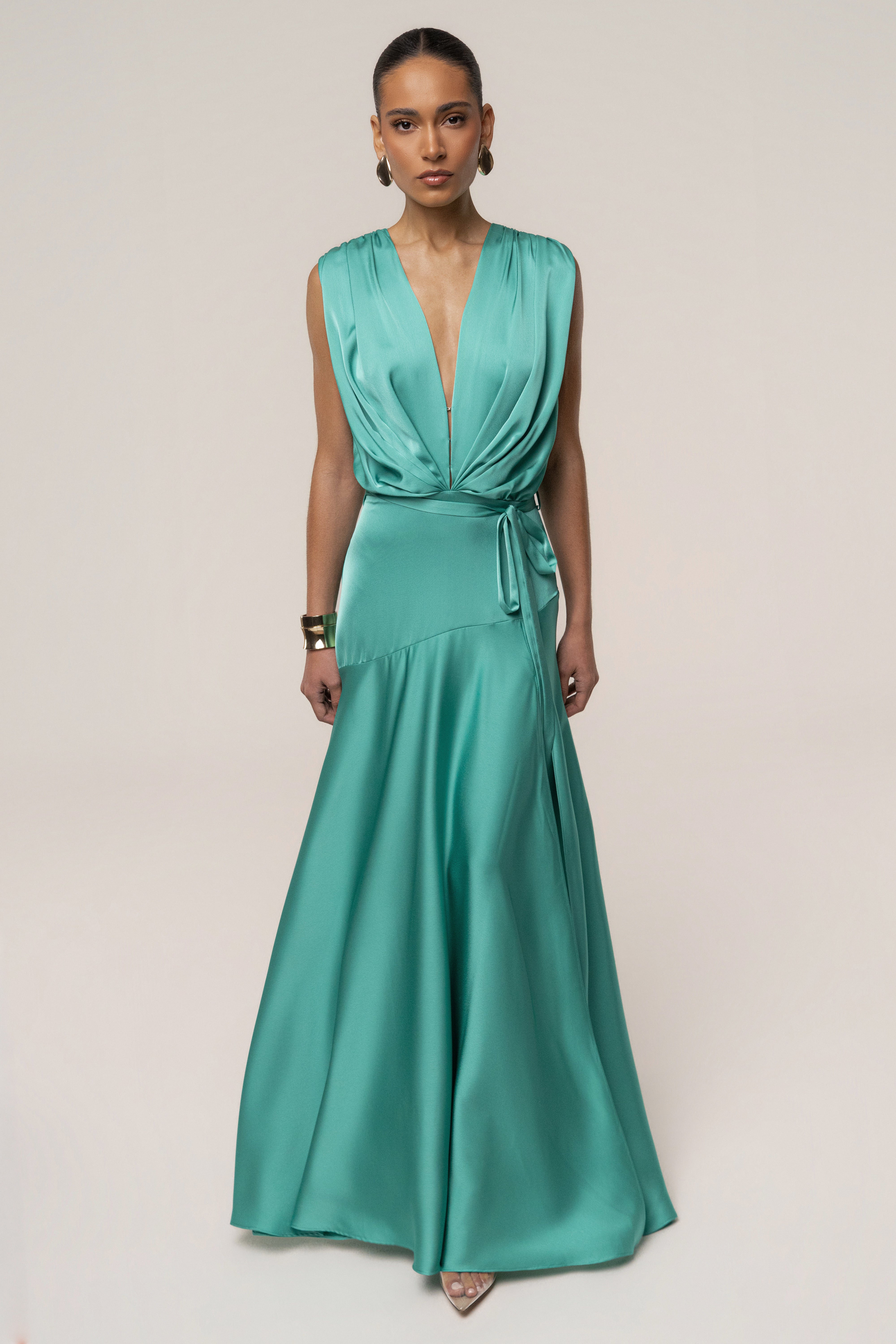 JLUXLABEL Aqua Amalia satin maxi dress with a flowing silhouette and elegant design, shown in a new color option.