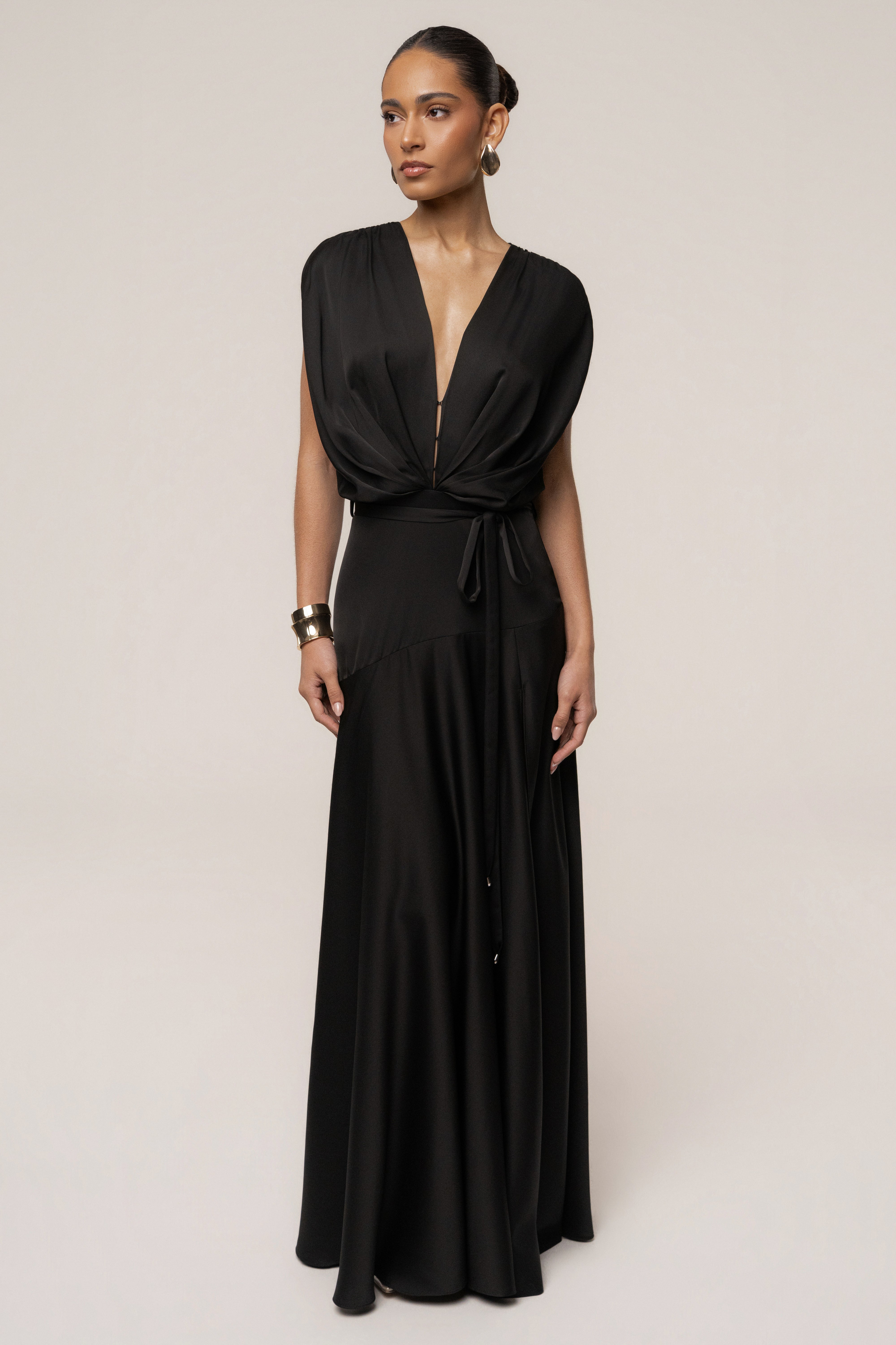 Black Amalia satin maxi dress by JLUXLABEL featuring a flowing silhouette and elegant design, perfect for formal occasions.