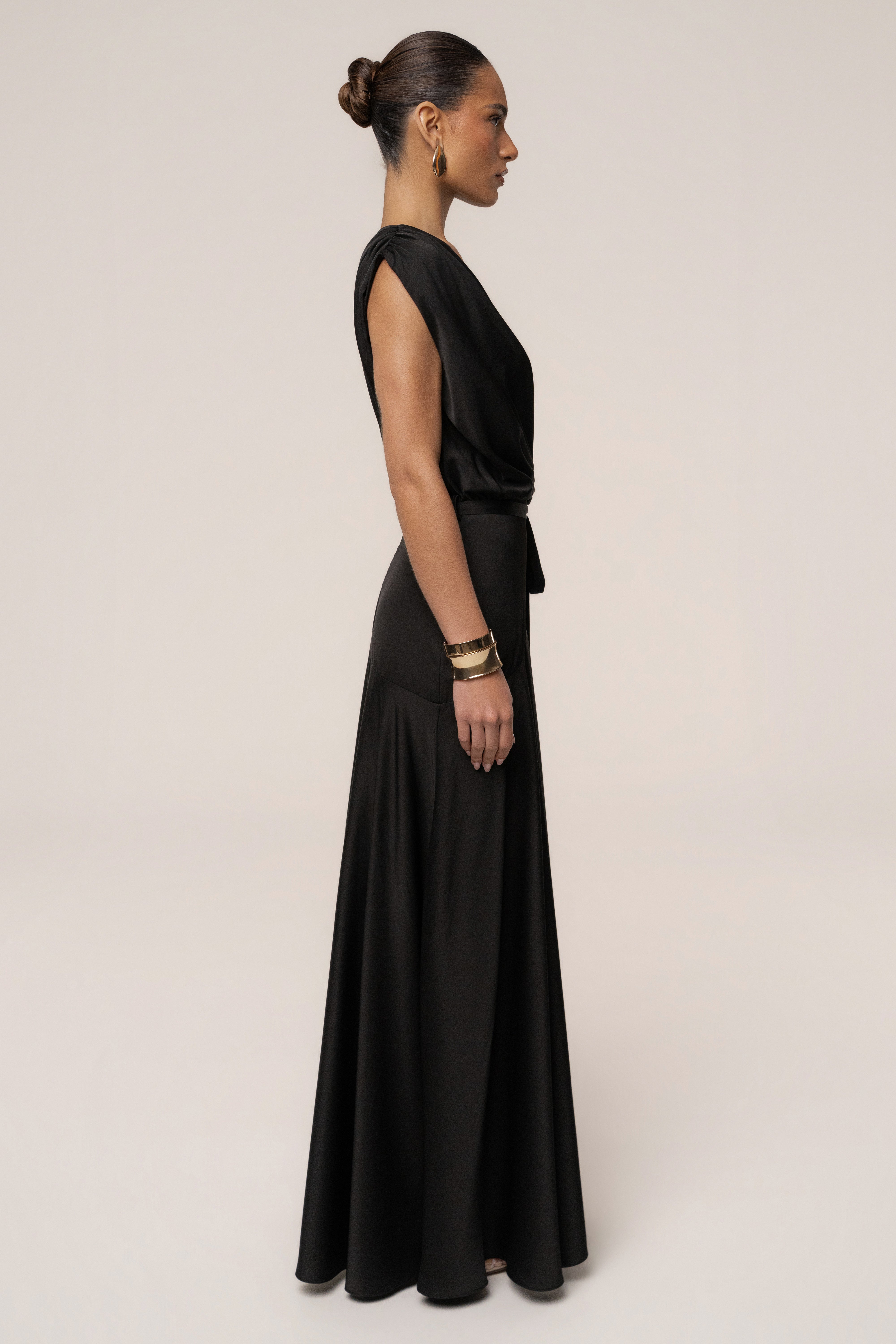 Black Amalia Satin Maxi Dress by JLUXLABEL, flowing satin fabric, elegant design, full length dress with a fitted bodice and flared skirt.