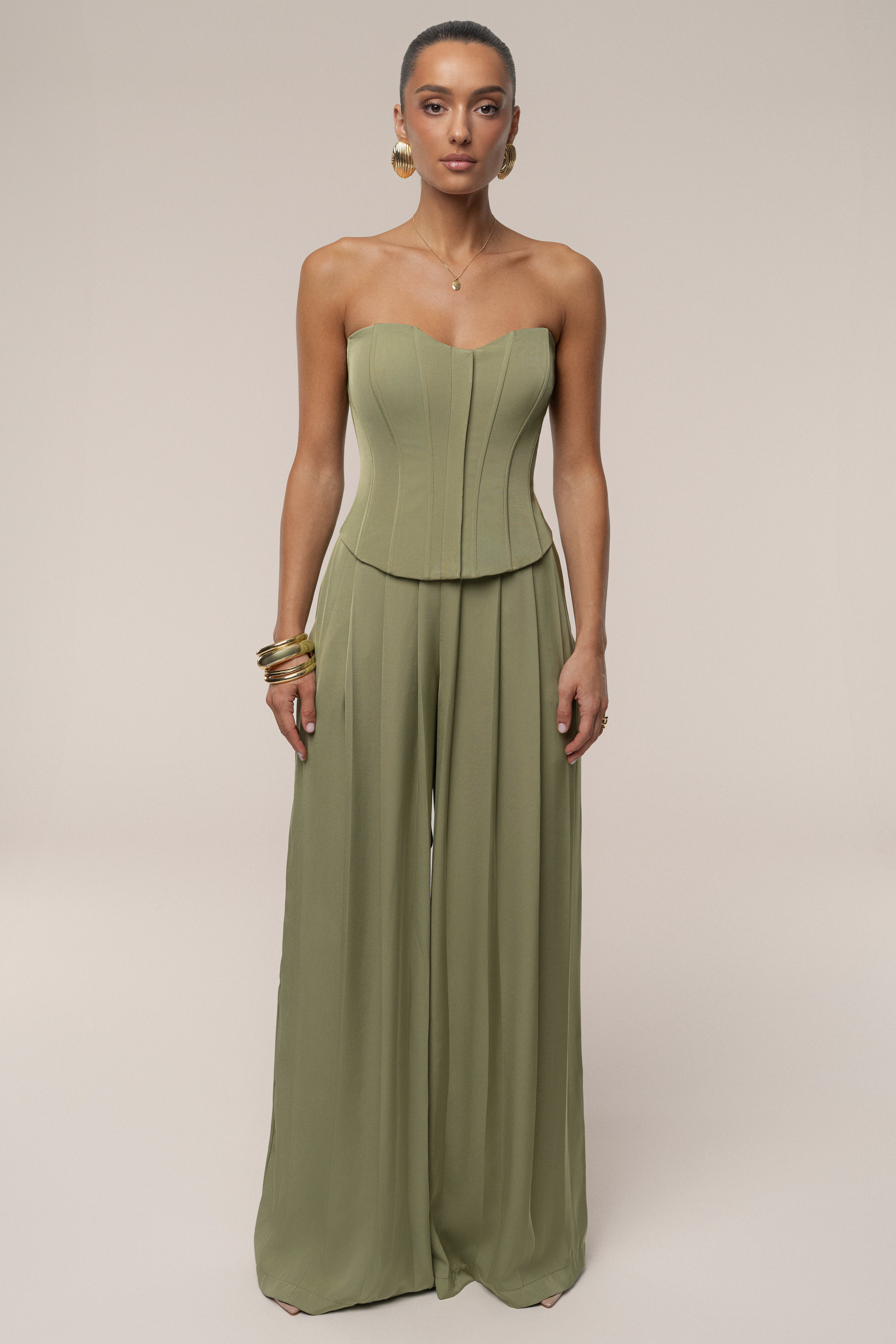Olive Clara Wide Leg Pleated Trousers - JLUXLABEL