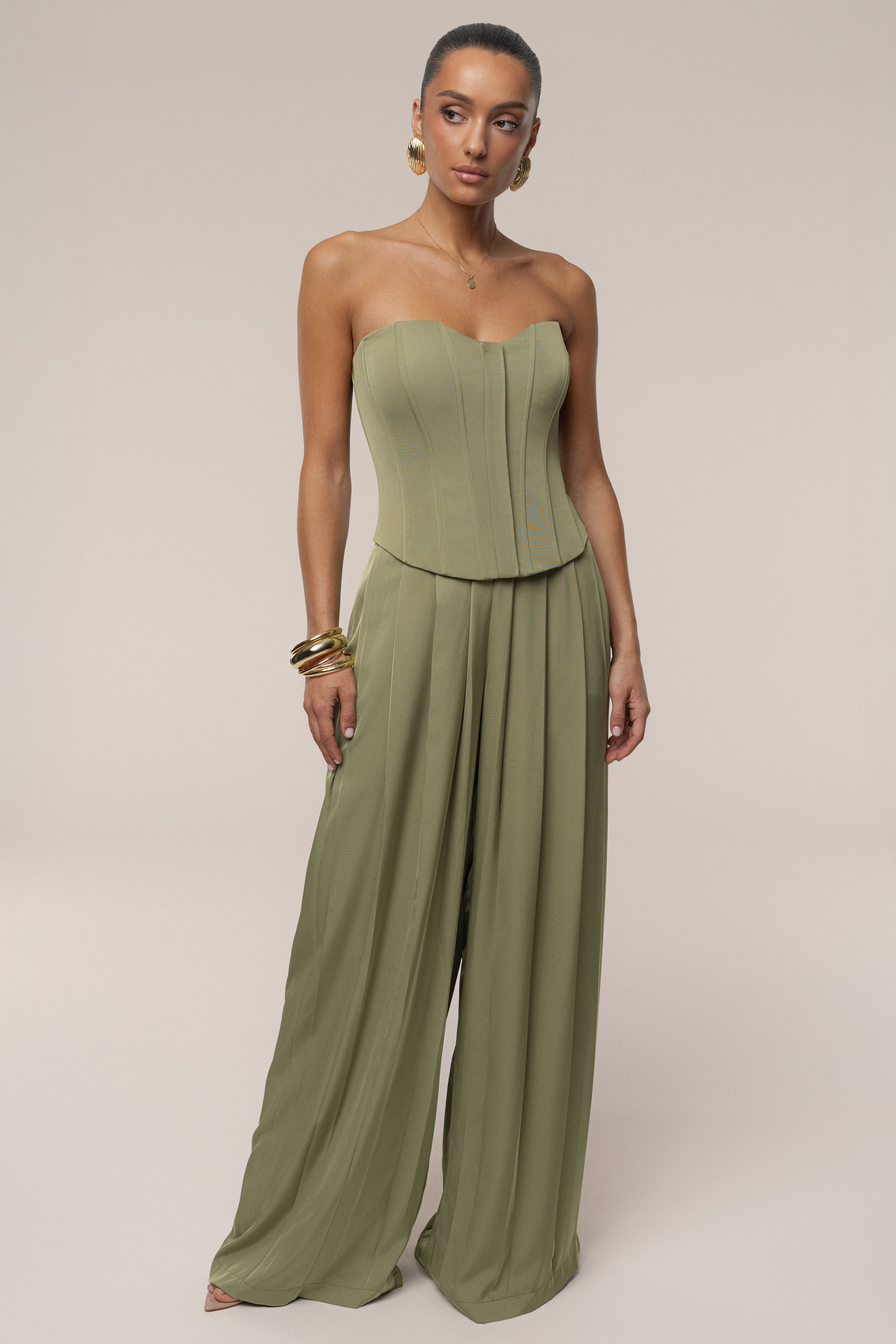 Olive Clara Wide Leg Pleated Trousers - JLUXLABEL