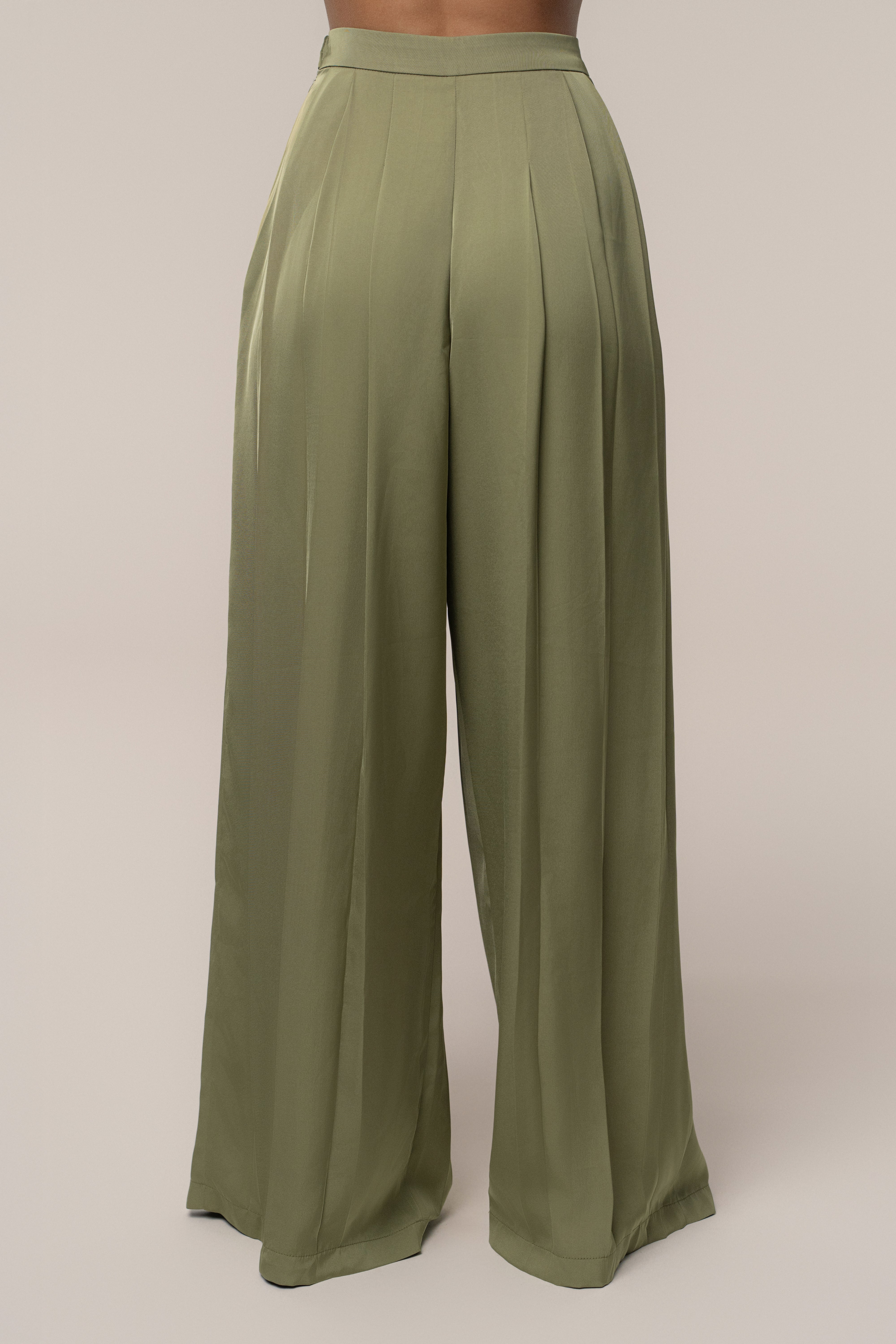Olive Clara Wide Leg Pleated Trousers - JLUXLABEL