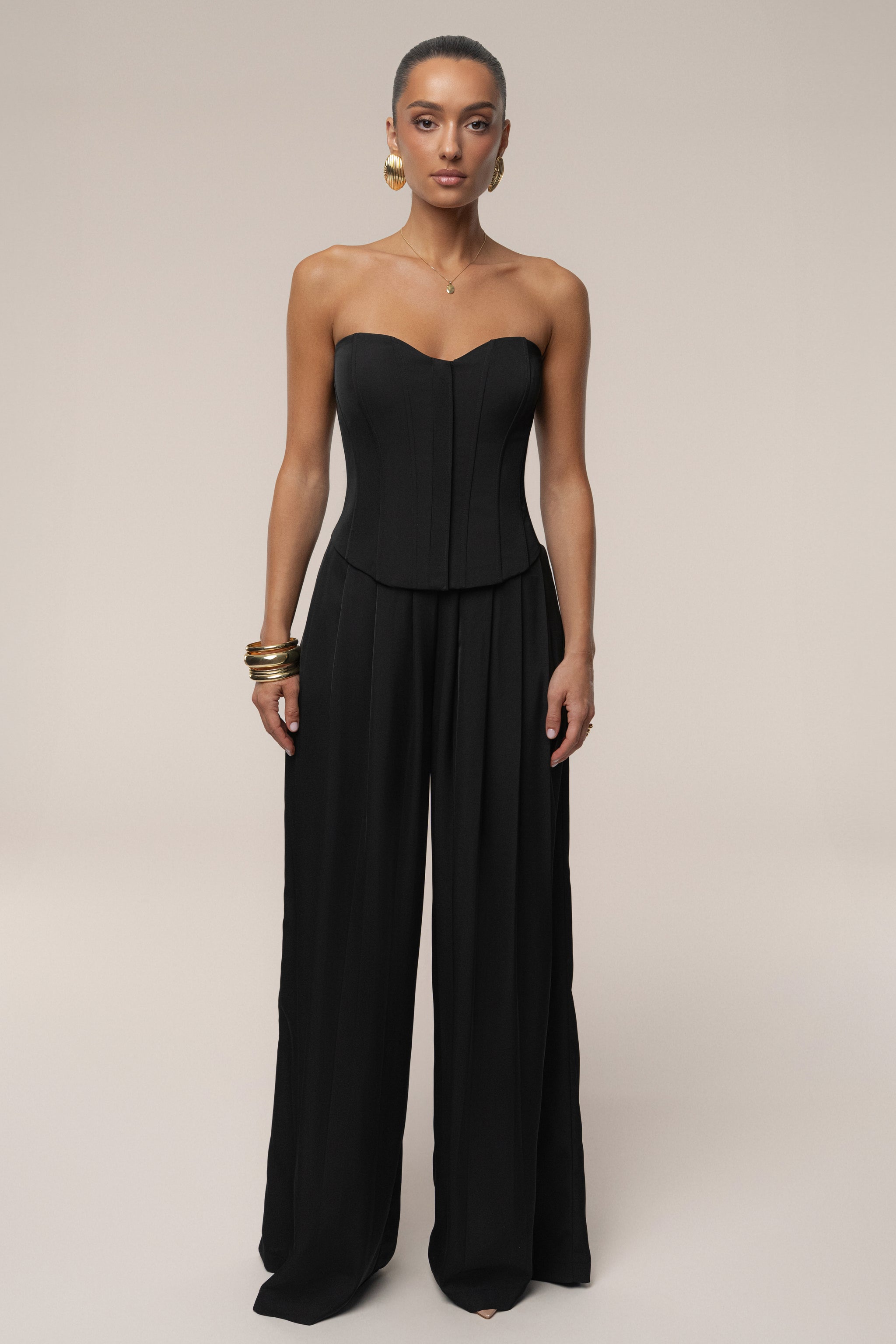 Pleated Waist Black Wide-Leg Trousers