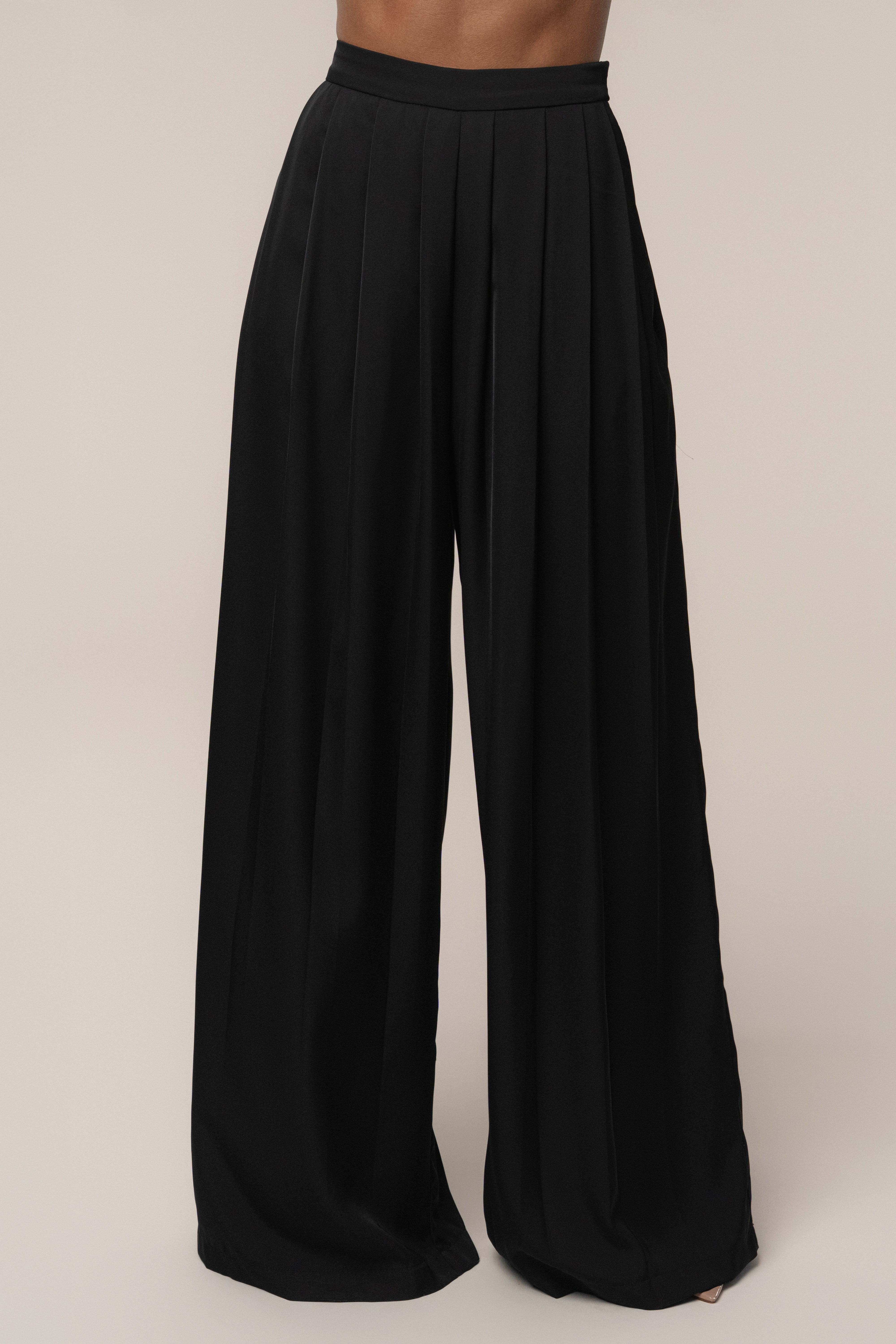 Black Clara Wide Leg Pleated Trousers - JLUXLABEL