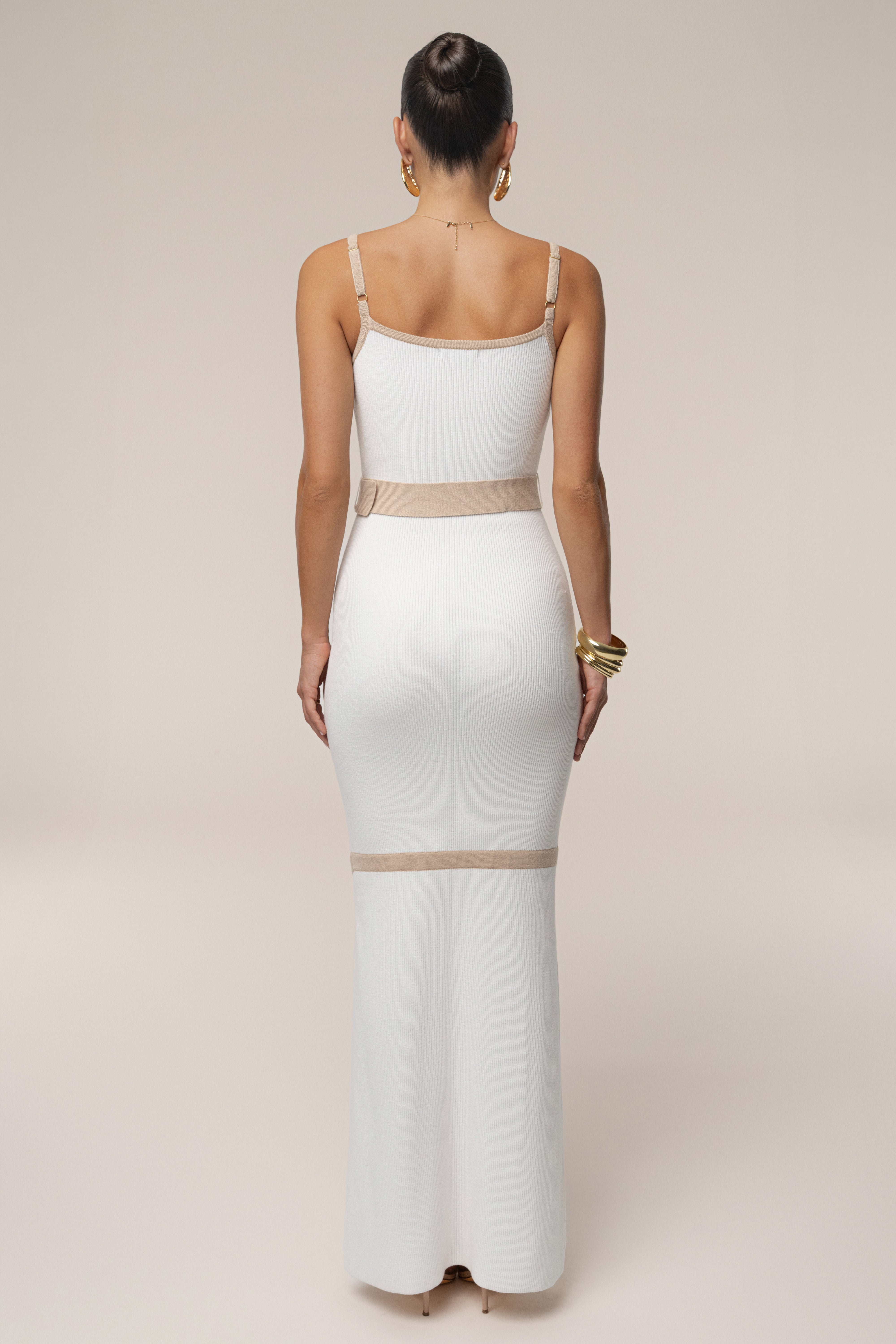 Ivory/Beige Belted Cami Maxi Dress - JLUXLABEL