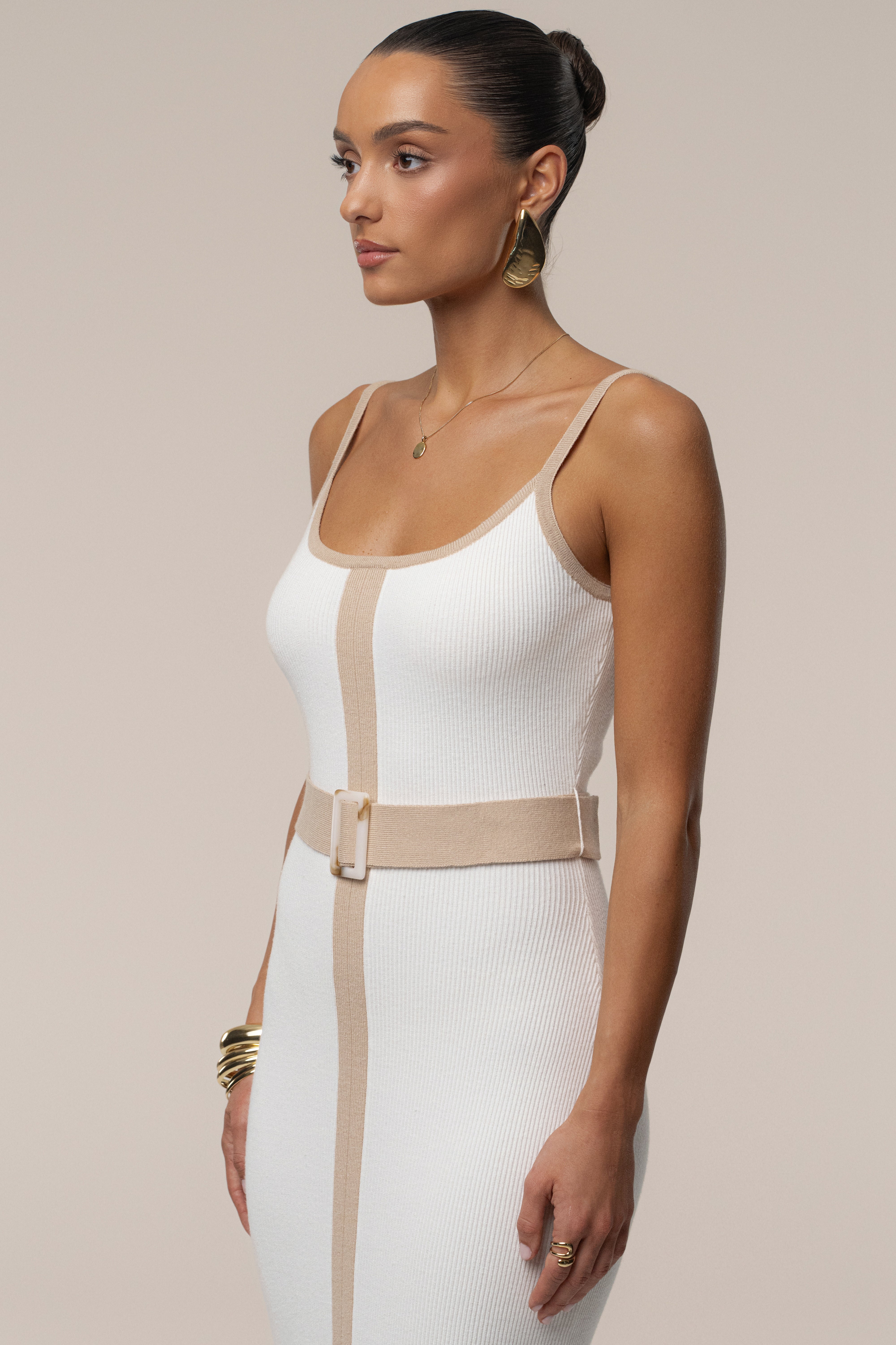 Ivory/Beige Belted Cami Maxi Dress - JLUXLABEL