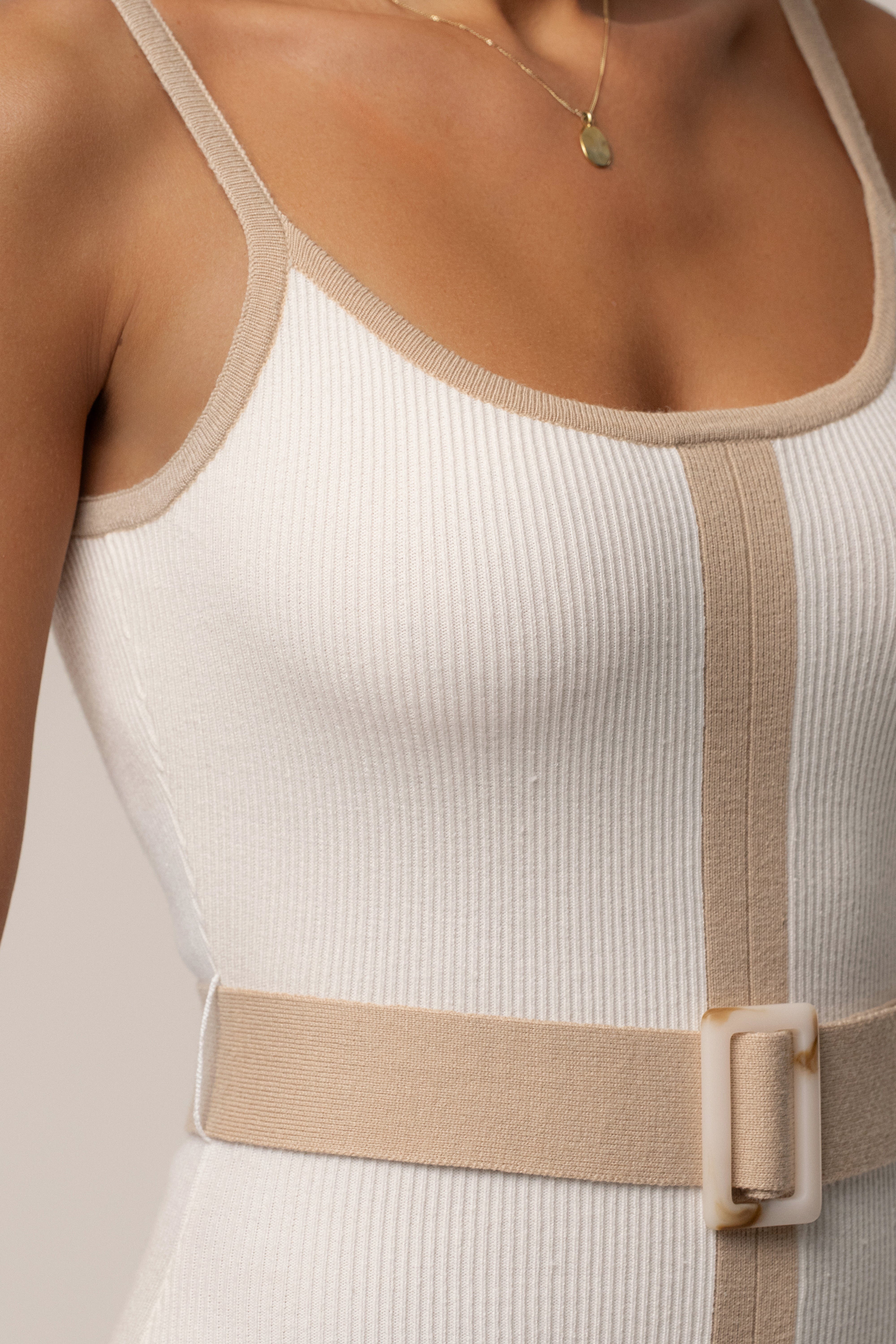 Ivory/Beige Belted Cami Maxi Dress - JLUXLABEL