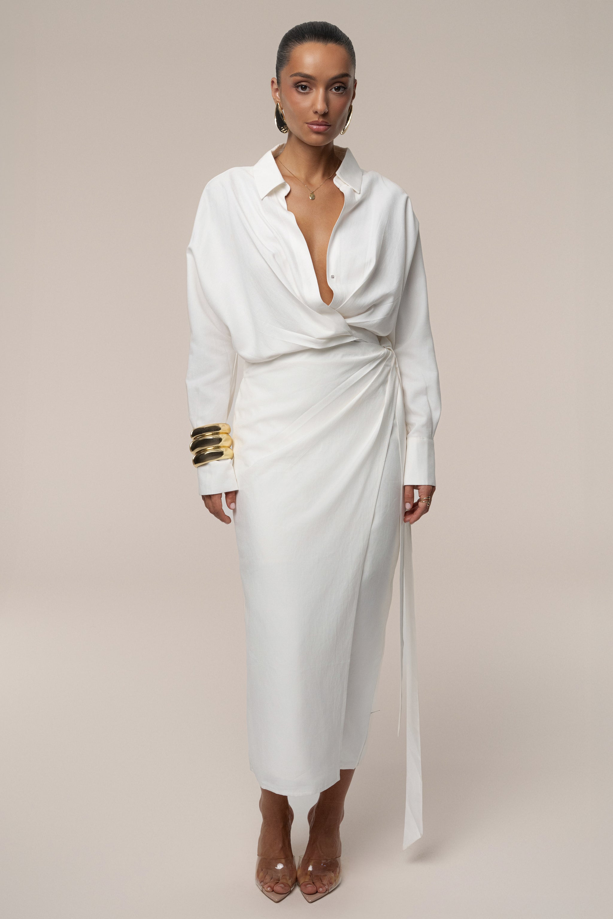 knee length dresses for ladies The Solenne Linen Wrap Maxi Dress main image 1
