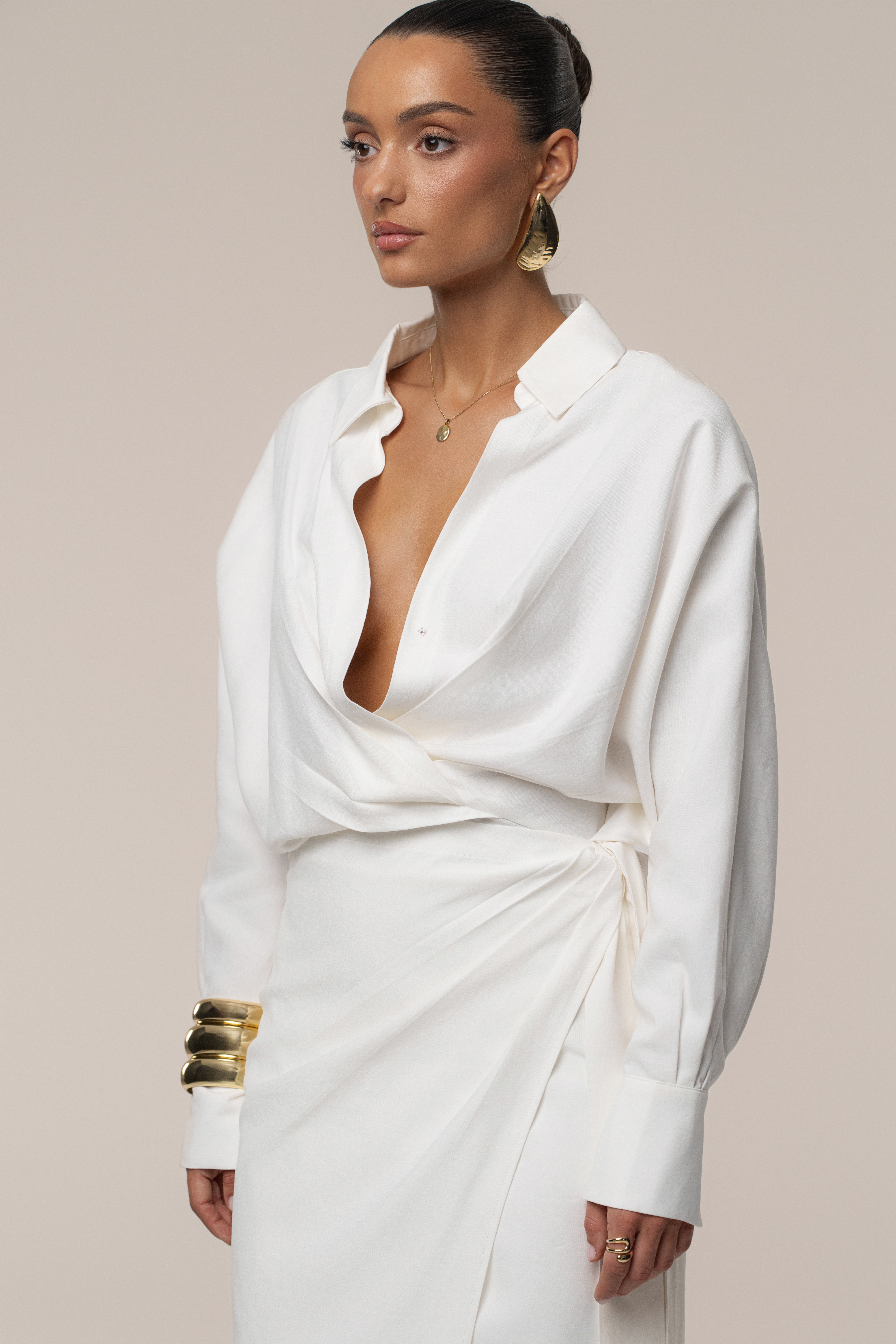 Ivory Skyline Wrap Midi Dress - JLUXLABEL