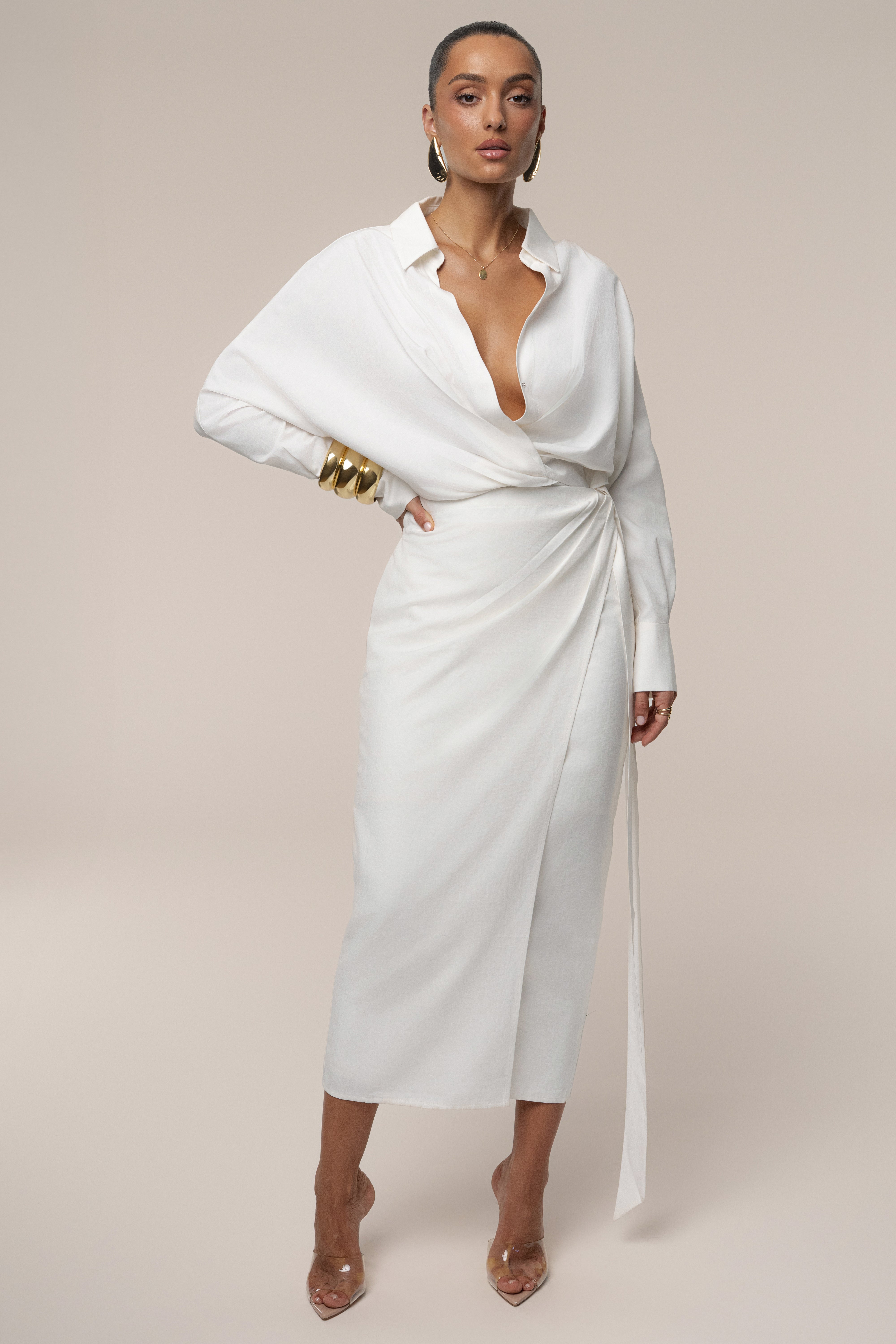 Ivory Skyline Wrap Midi Dress - JLUXLABEL