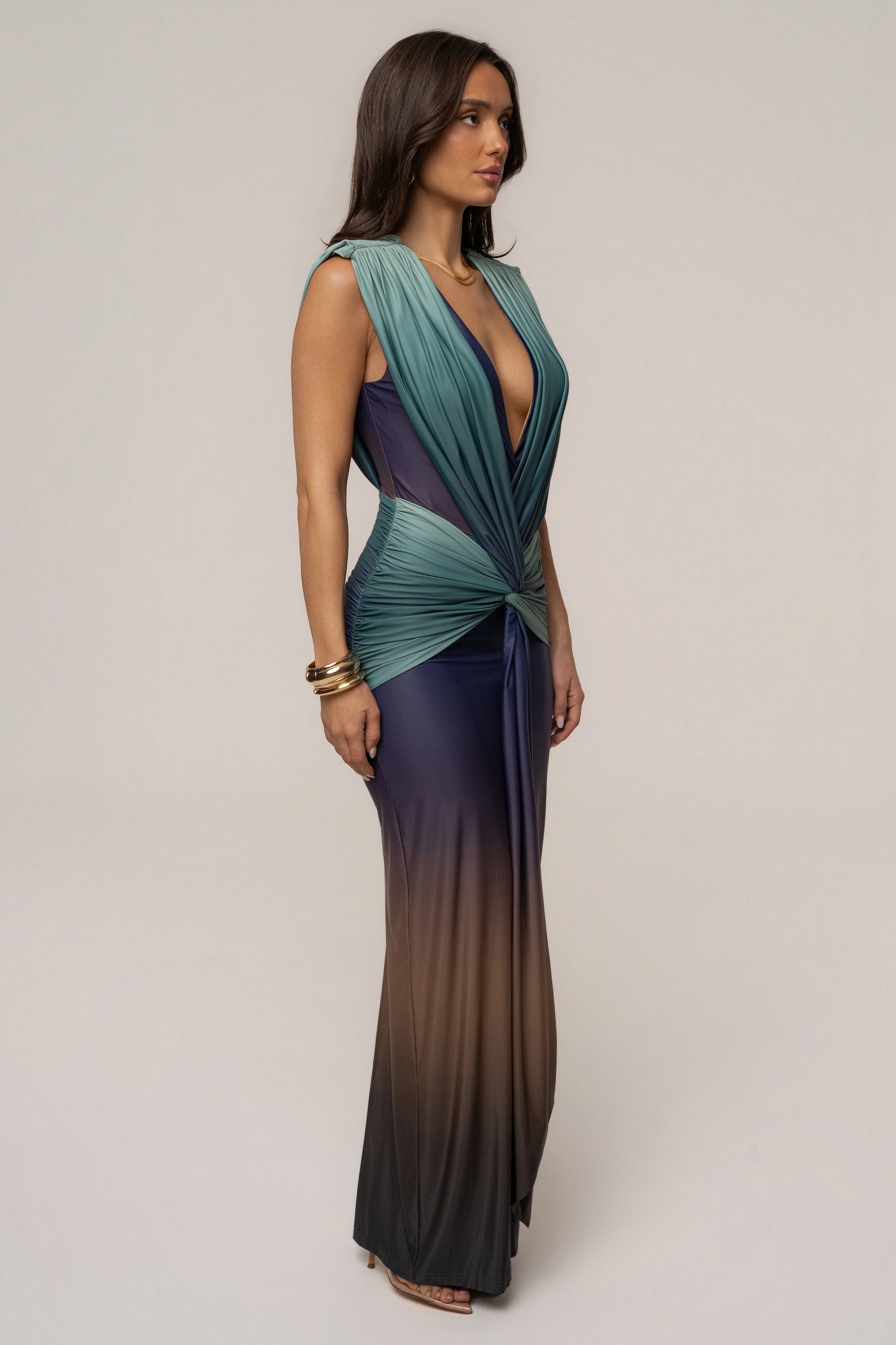Lunar Shadow Palma Plunge Maxi Dress by JLUXLABEL, flowing fabric with deep neckline, elegant long dress for special occasions.