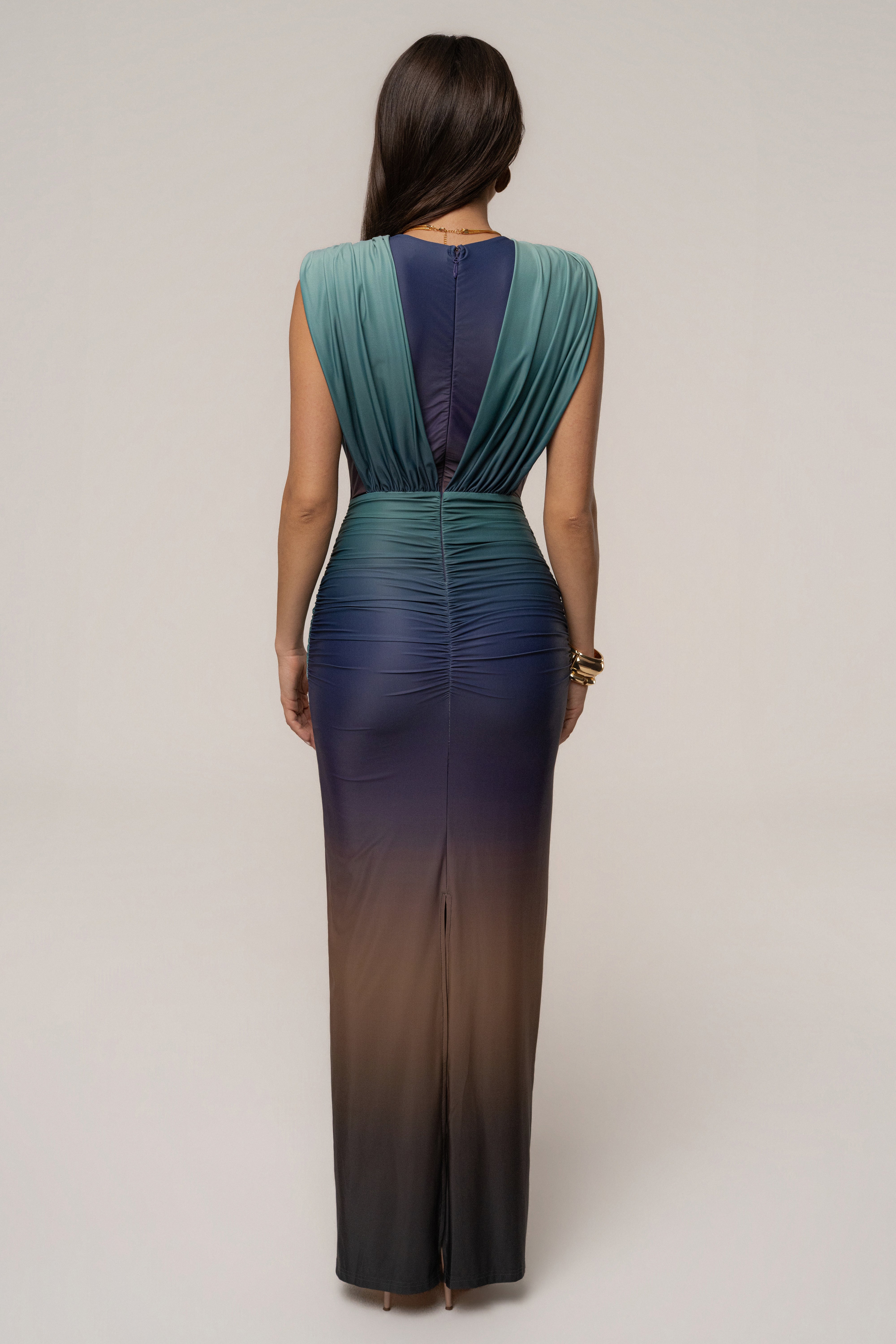 Lunar Shadow Palma Plunge Maxi Dress by JLUXLABEL featuring a deep V neckline and flowing fabric, perfect for elegant occasions.