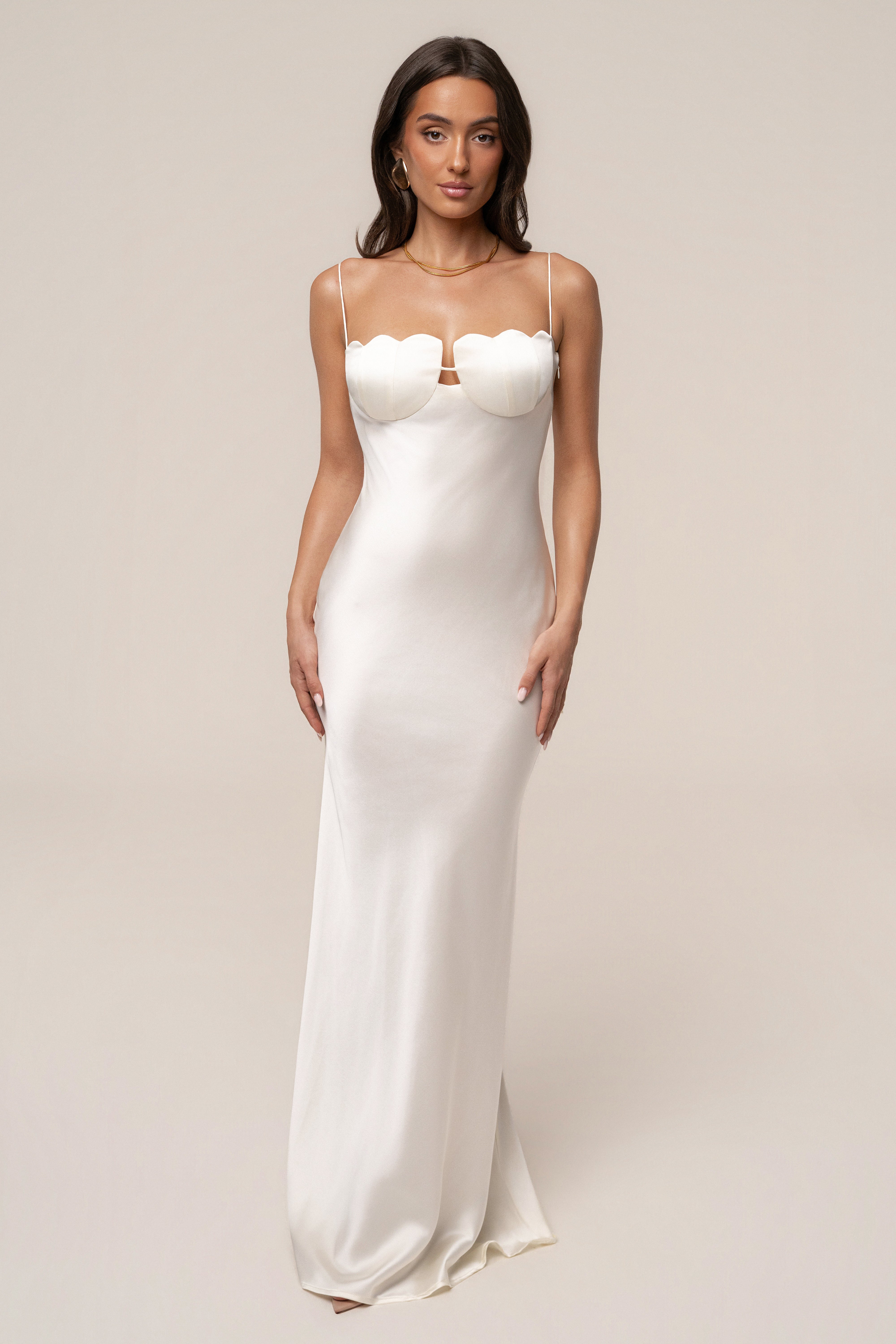Cream Galilea Satin Maxi Dress by JLUXLABEL, featuring a flowing satin fabric and elegant floor-length design.