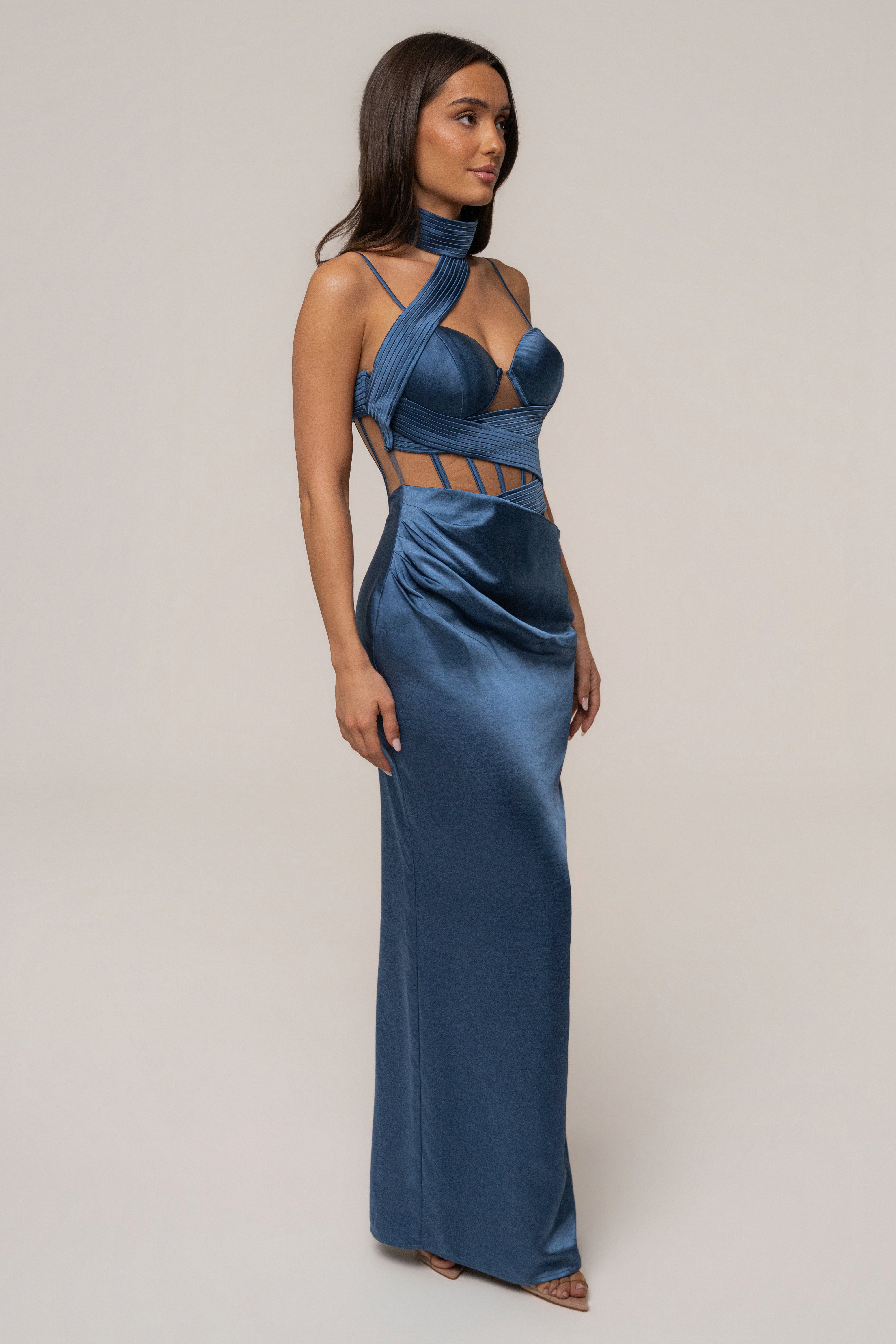 Blue Golden Hour corset maxi dress by JLUXLABEL featuring a fitted bodice and flowing skirt for elegant evening wear.