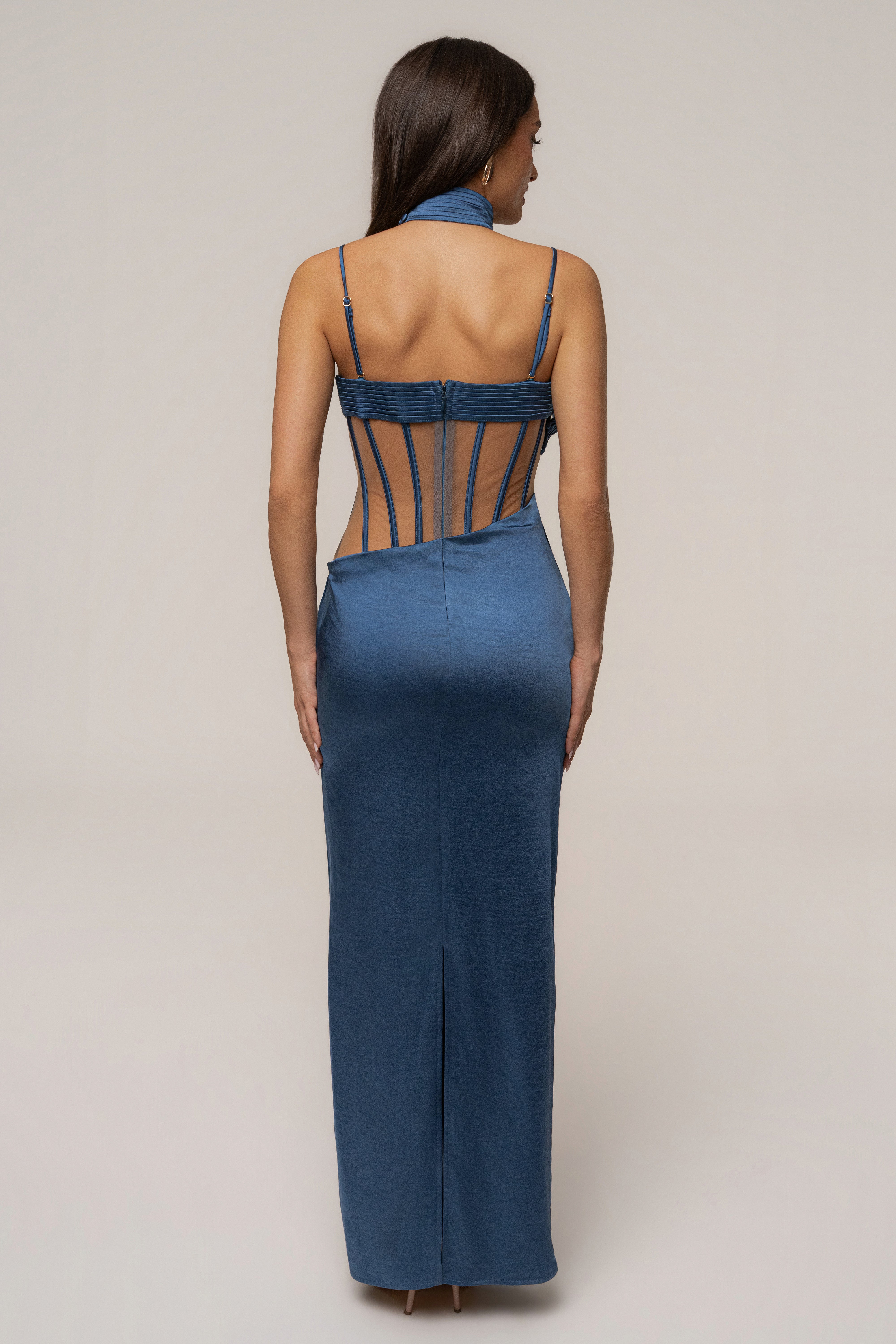 Blue Golden Hour corset maxi dress by JLUXLABEL featuring a fitted bodice and flowing skirt, perfect for elegant occasions.
