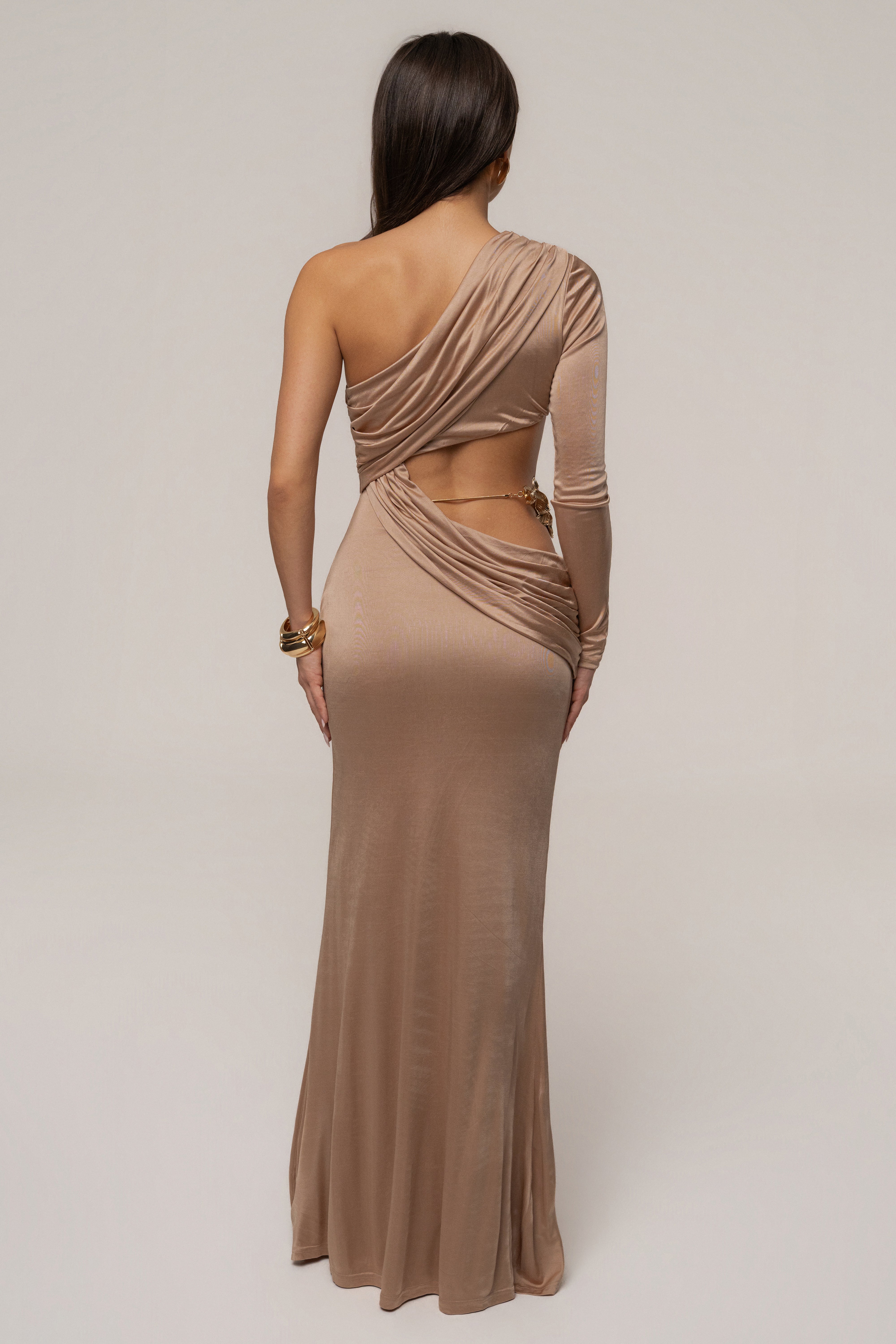 Beige dress with golden frame accent from JLUXLABEL, featuring elegant design and stylish detailing.
