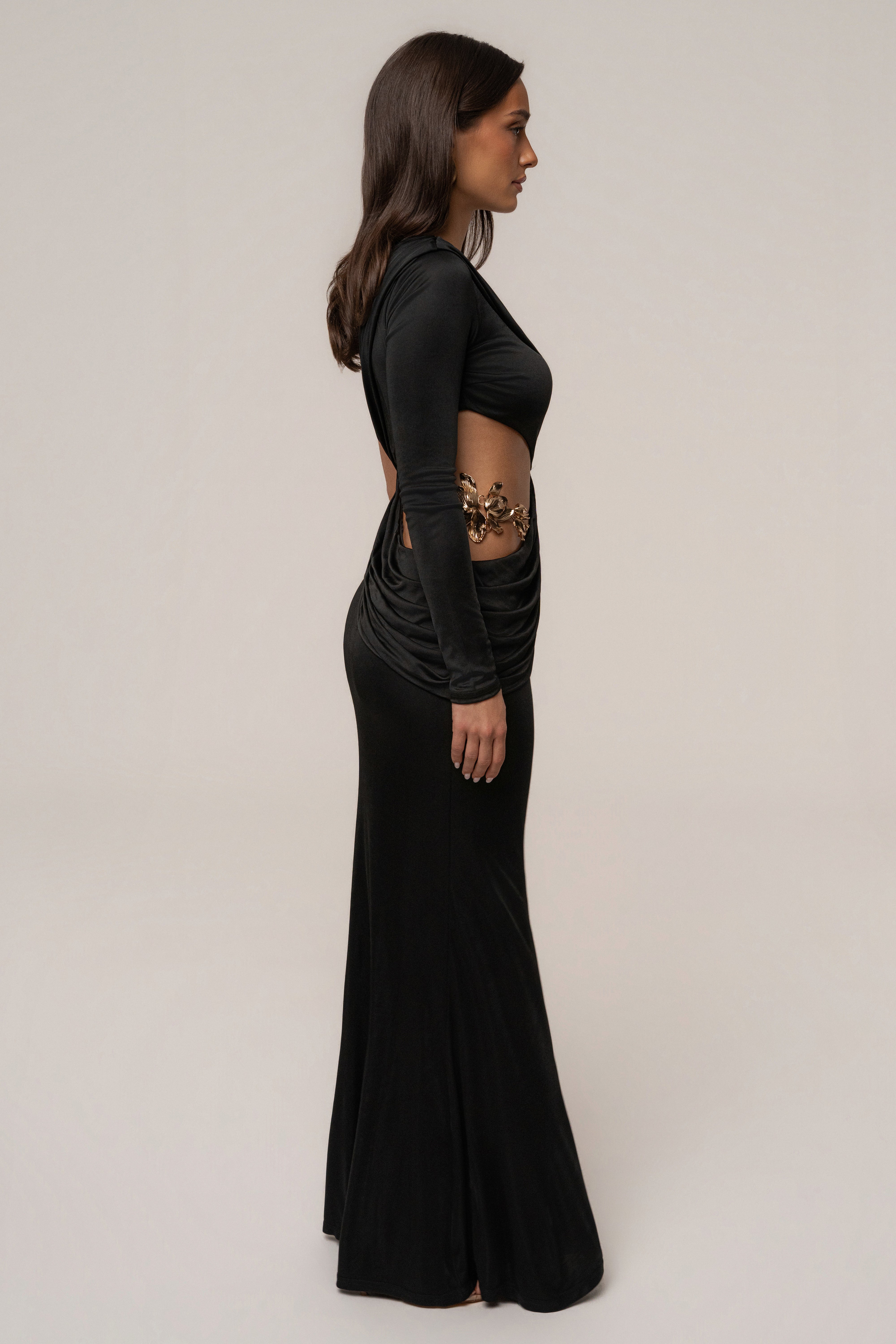 Black and gold framed accent dress by JLUXLABEL, showcasing a stylish dress with a modern design and elegant details.