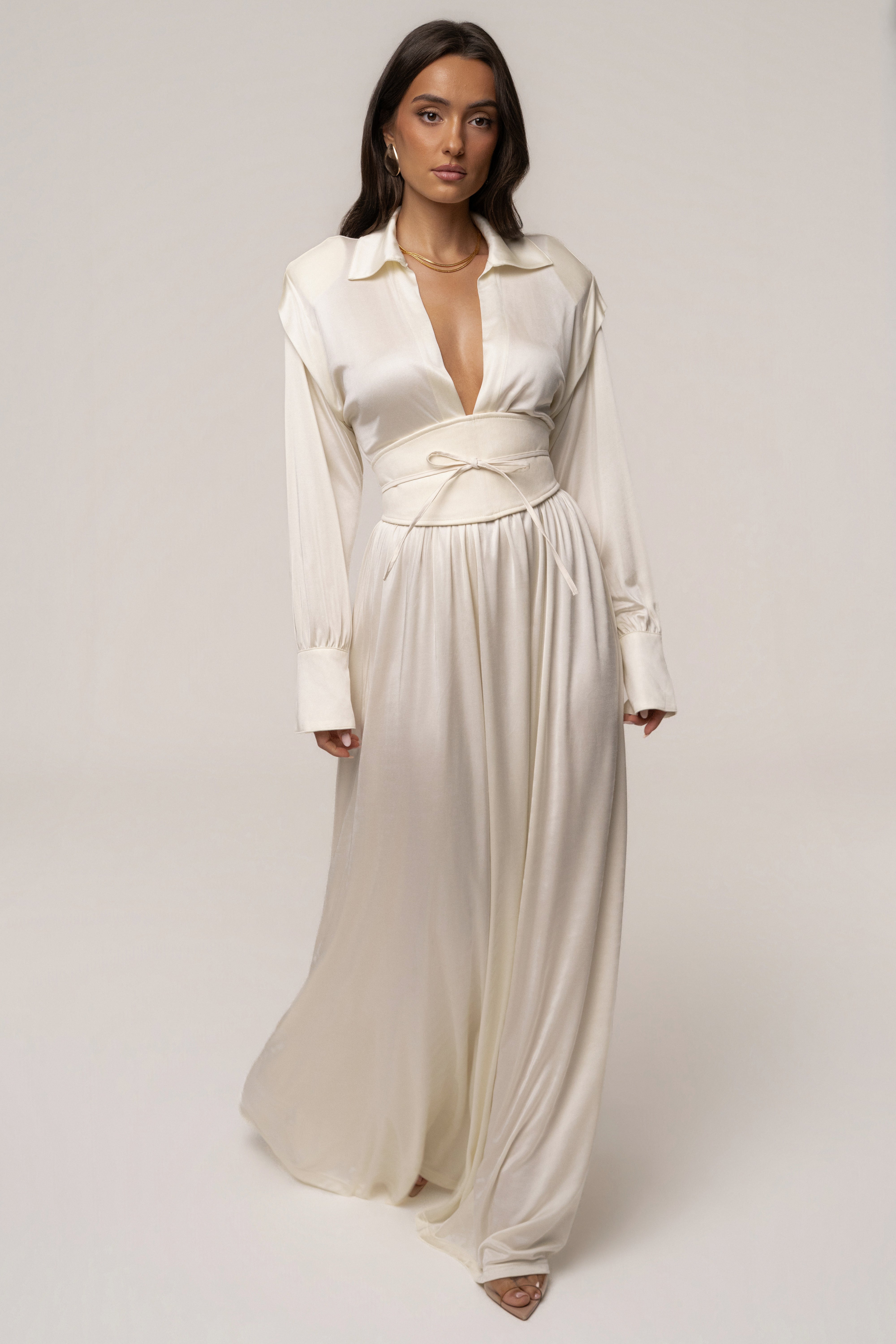 Cream High Line Collar Maxi Dress by JLUXLABEL featuring a sleek high neckline and flowing maxi length.