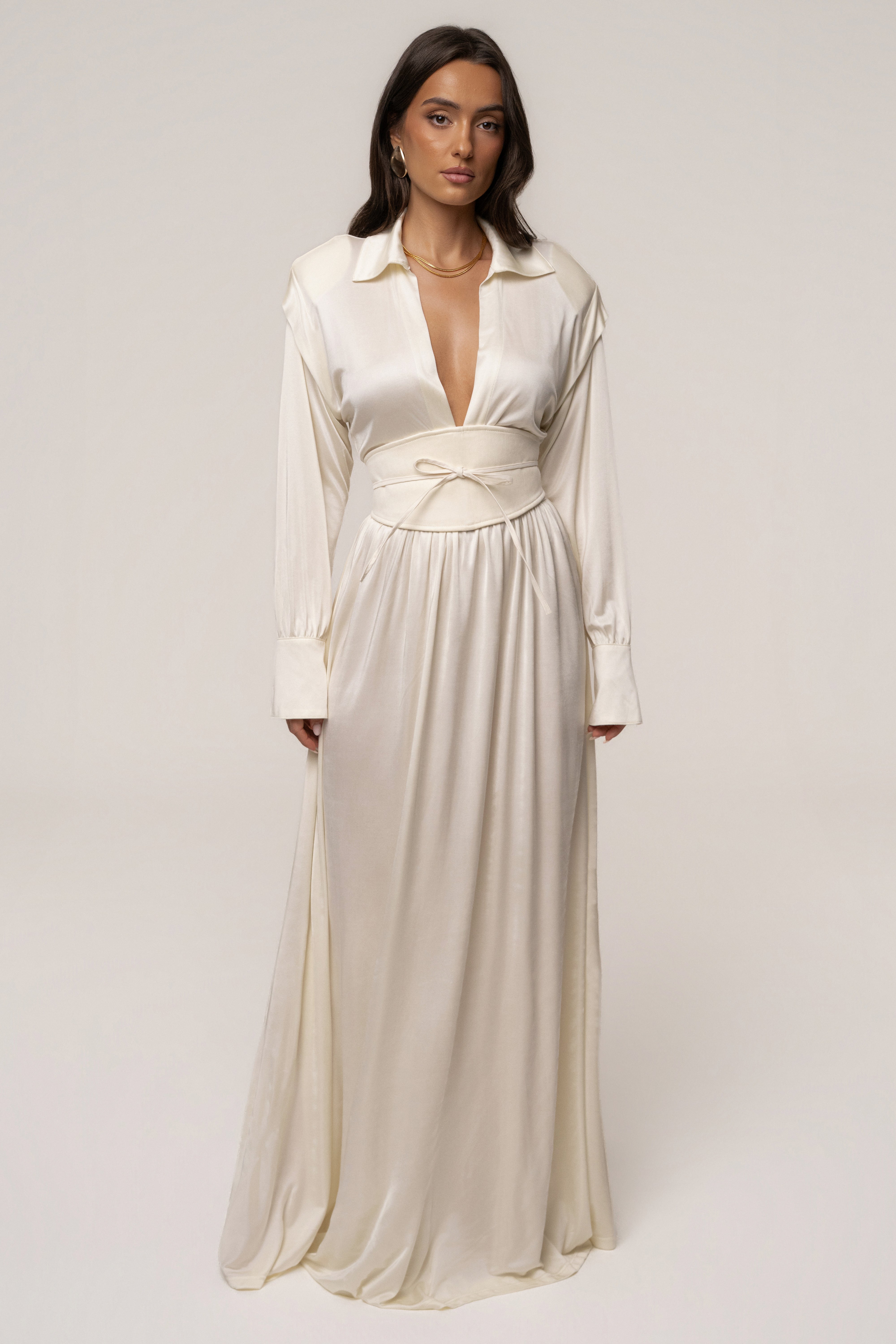 Cream high line collar maxi dress by JLUXLABEL featuring a flowing silhouette and elegant high neckline.