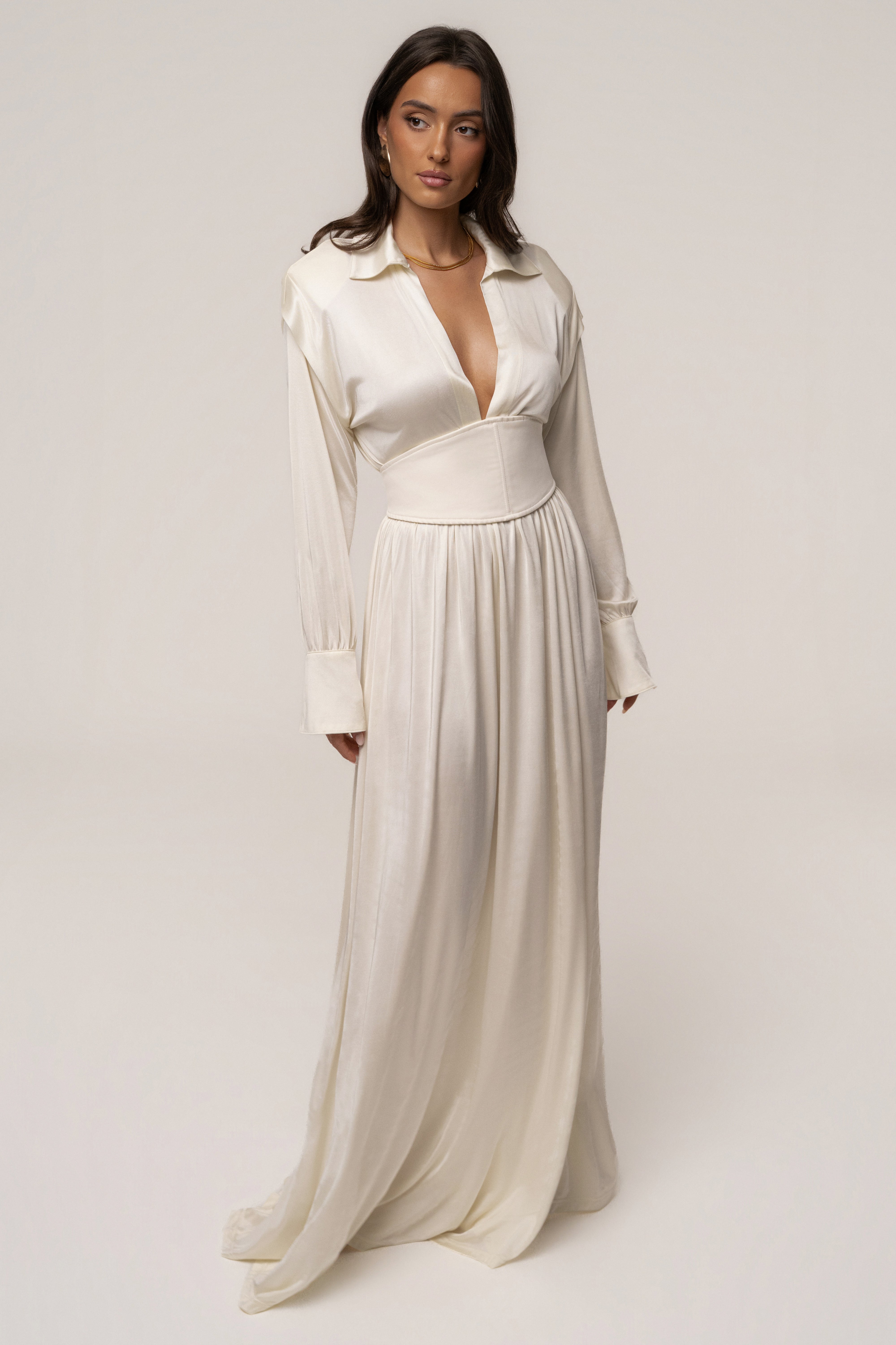 Cream high line collar maxi dress by JLUXLABEL featuring a flowing silhouette and elegant design.