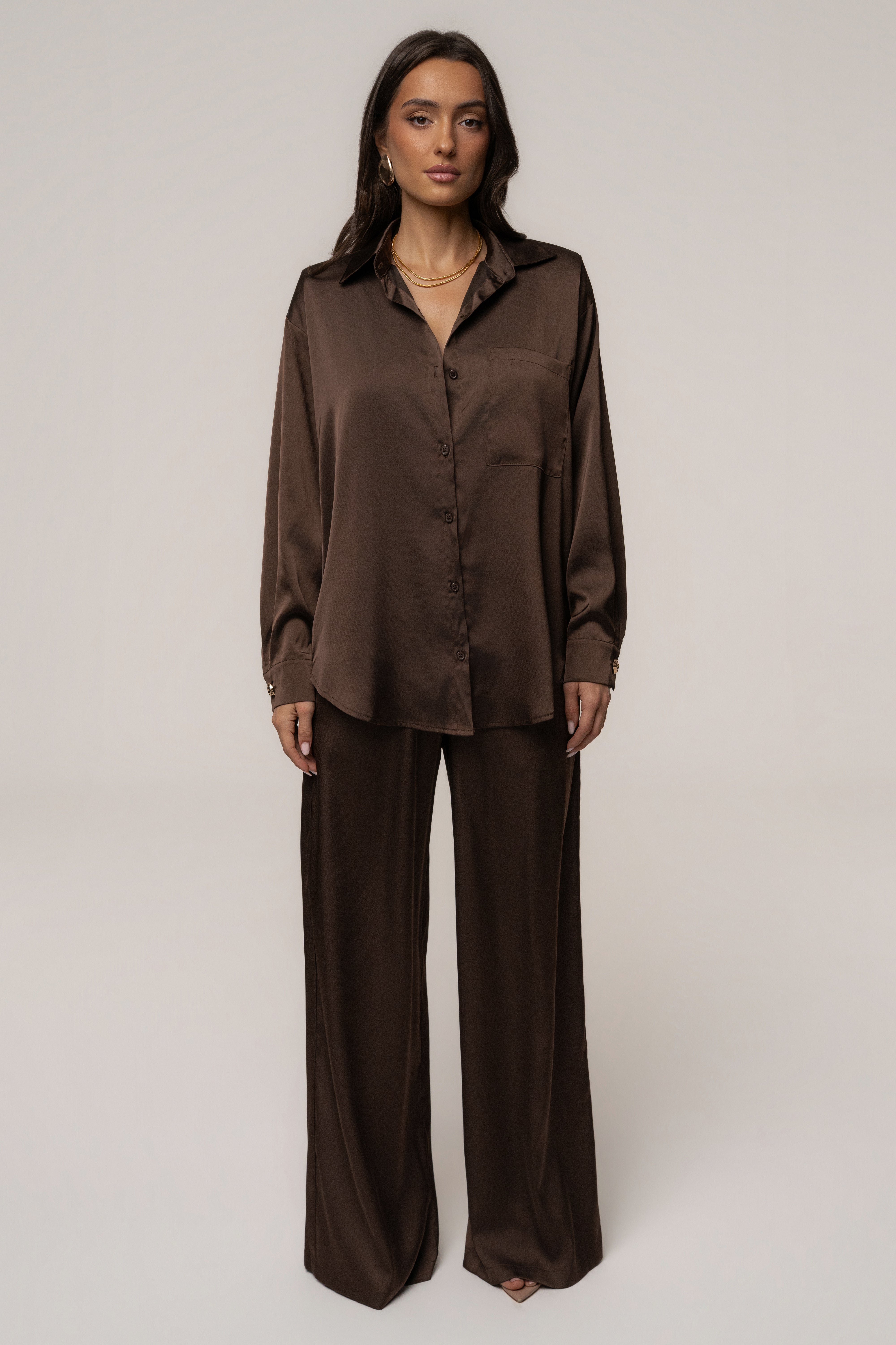JLUXLABEL Chocolate Island Ease Collared Satin Top, stylish satin blouse with a collar and relaxed fit, shown in new colors.