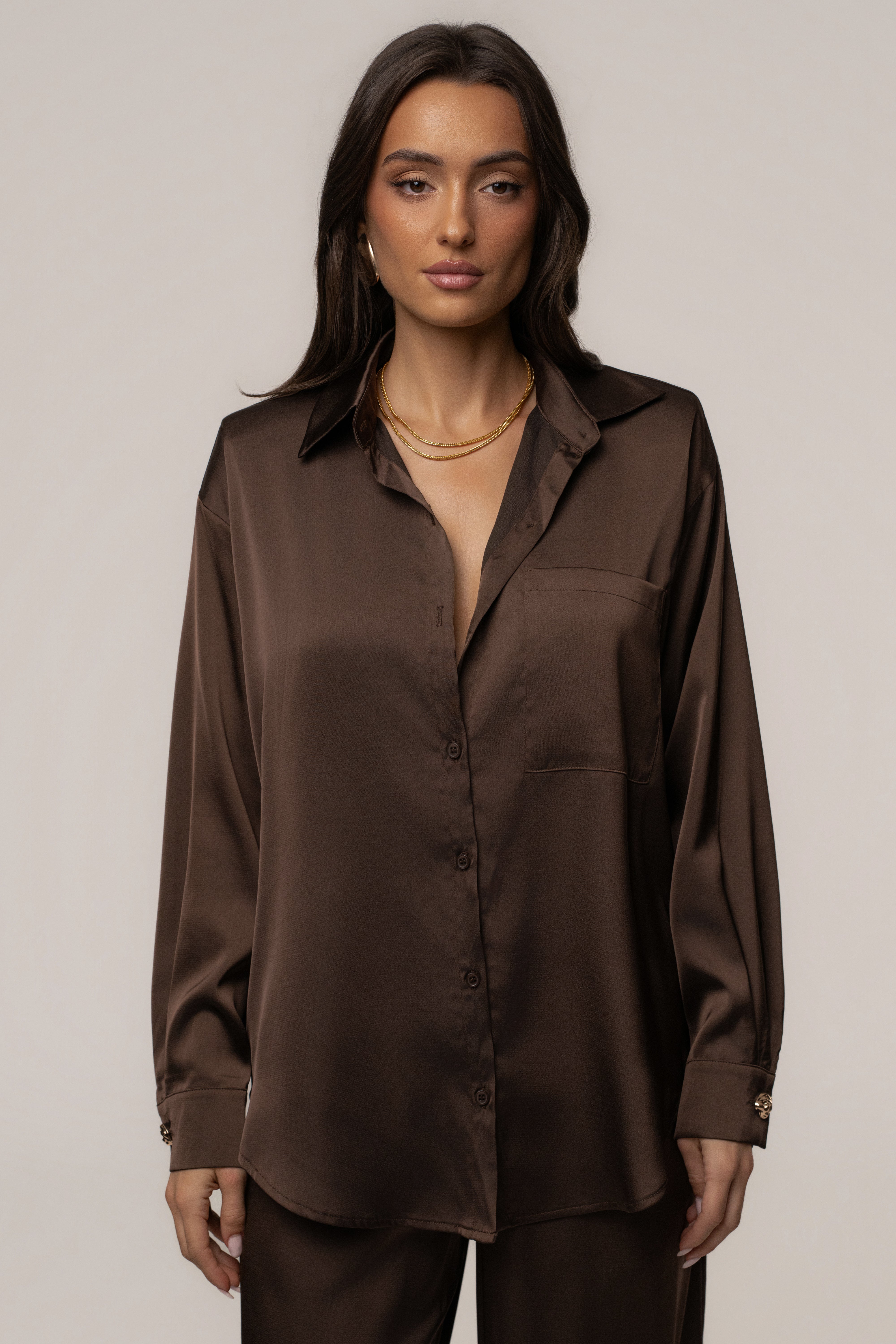 JLUXLABEL Chocolate Island Ease collared satin top, stylish women's blouse with a smooth satin finish and classic collar detail.