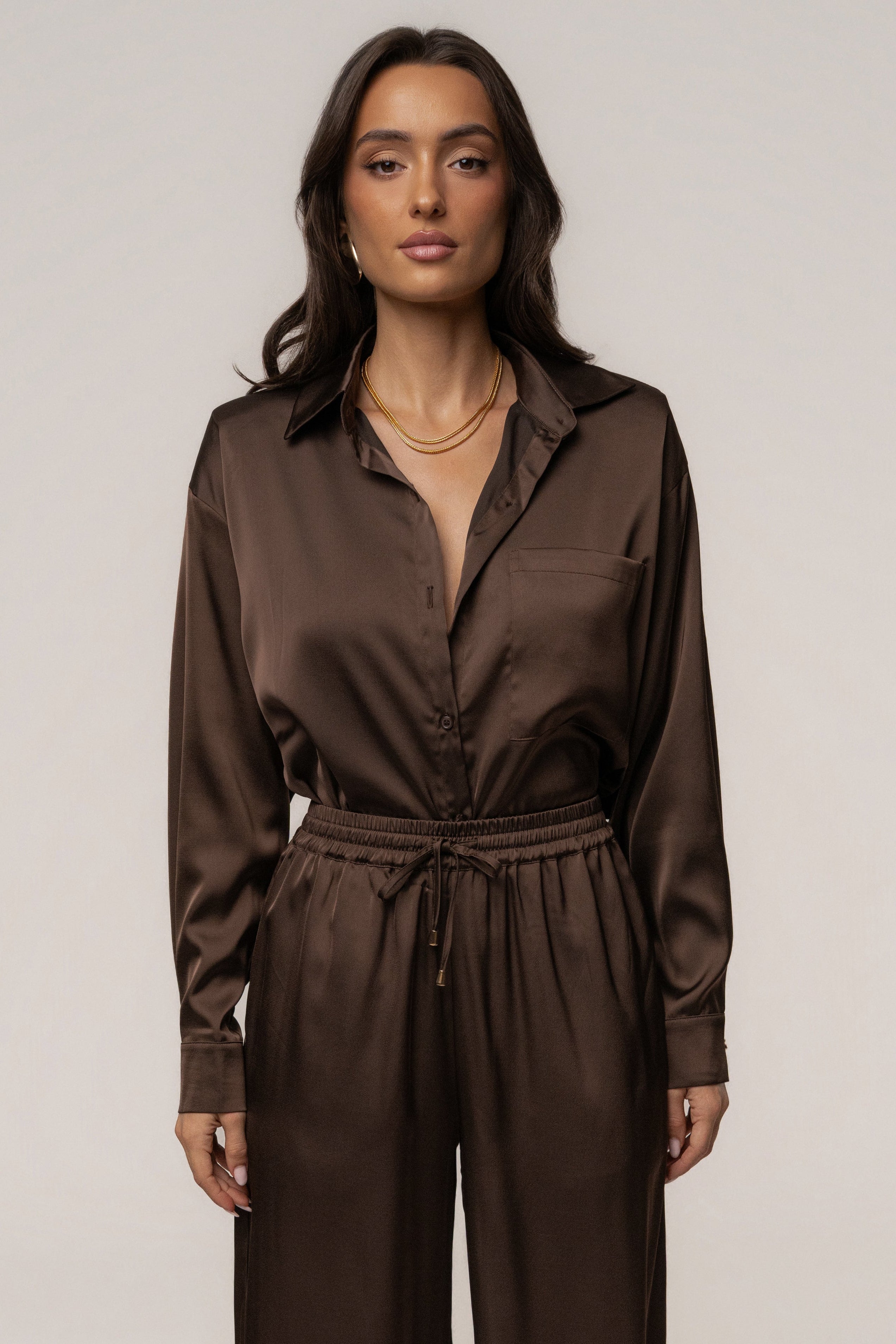 Chocolate Island Ease Collared Satin Top
