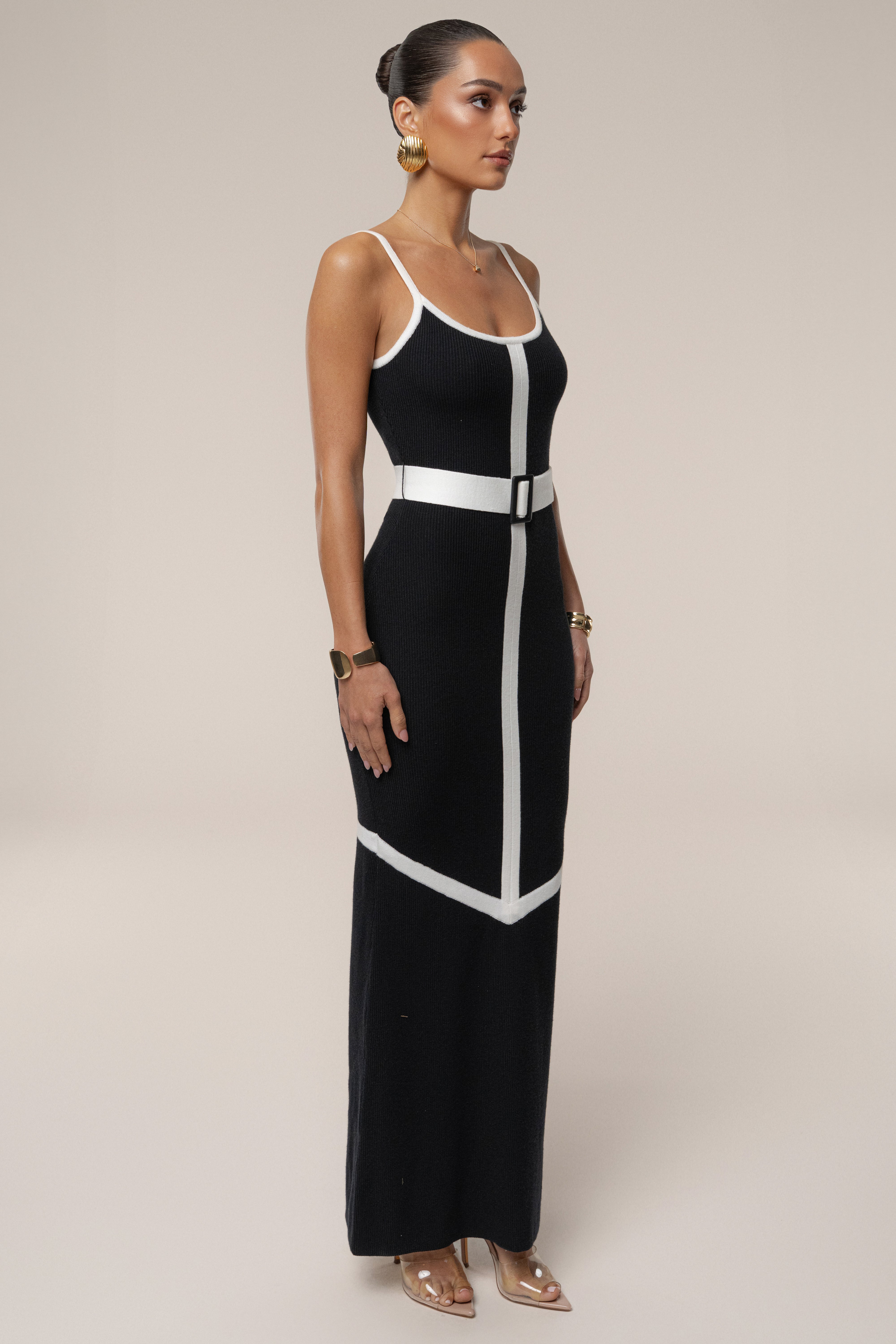 Black/Ivory Belted Cami Maxi Dress - JLUXLABEL