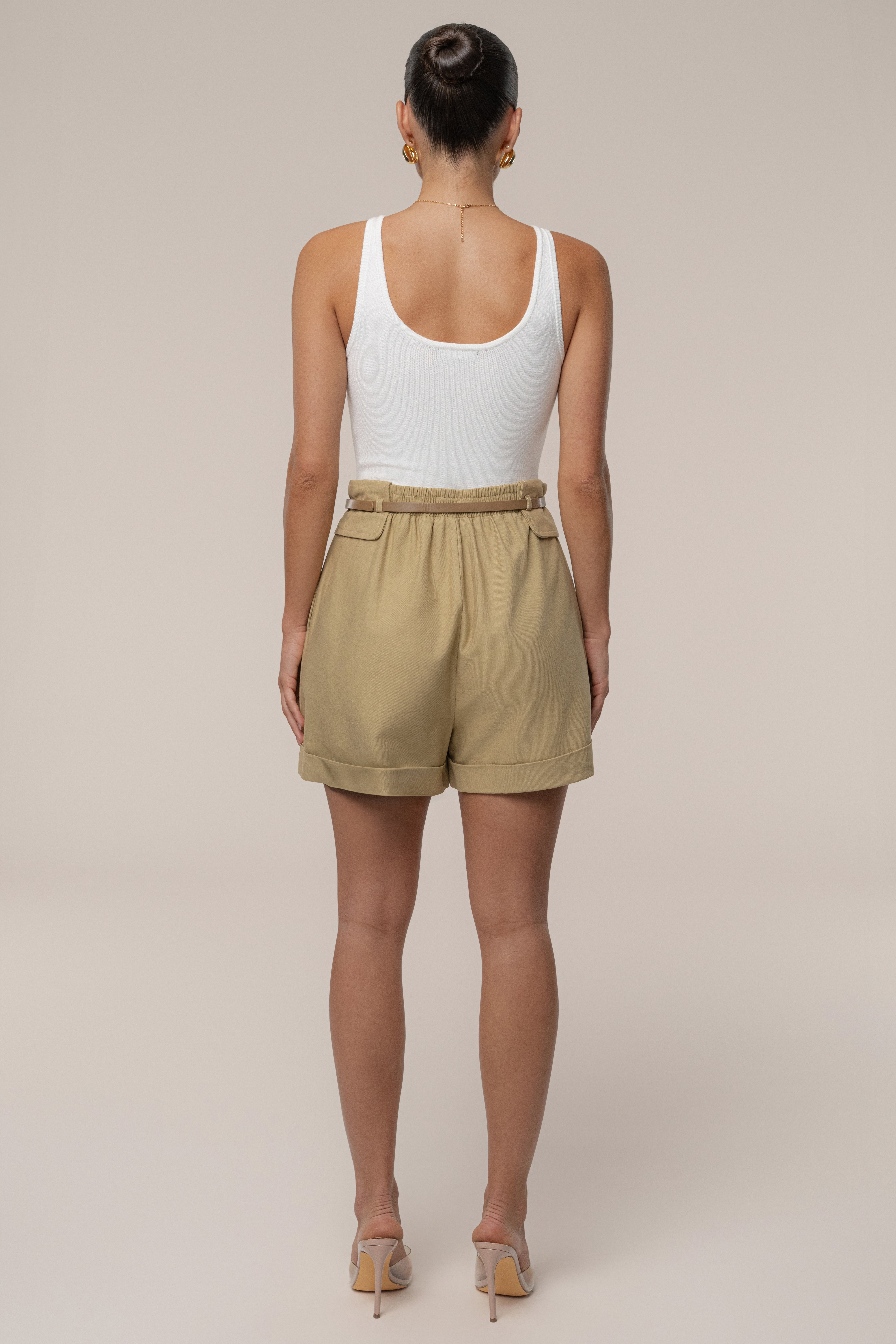 Tan Belted Cargo Shorts - JLUXLABEL