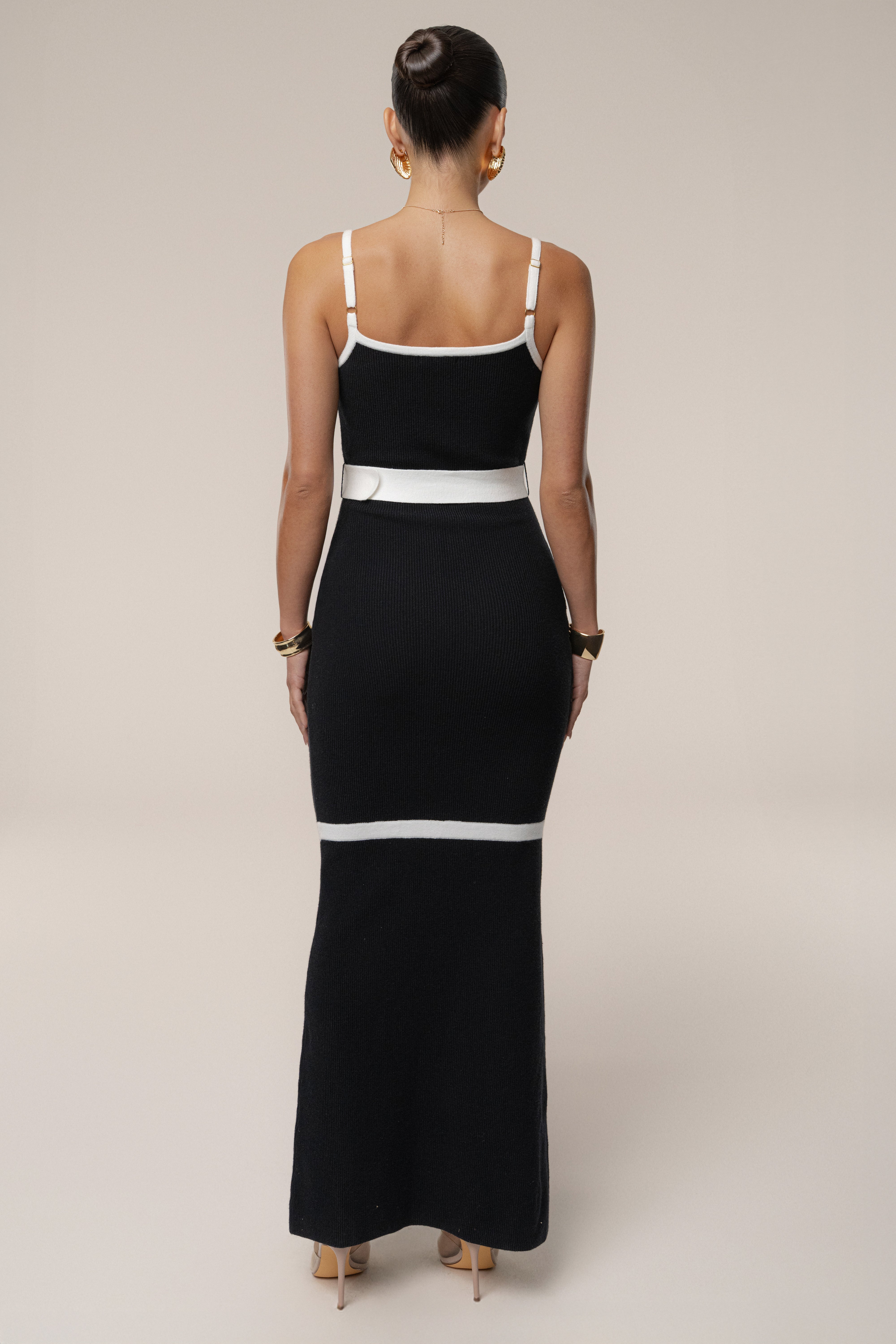 Black/Ivory Belted Cami Maxi Dress - JLUXLABEL