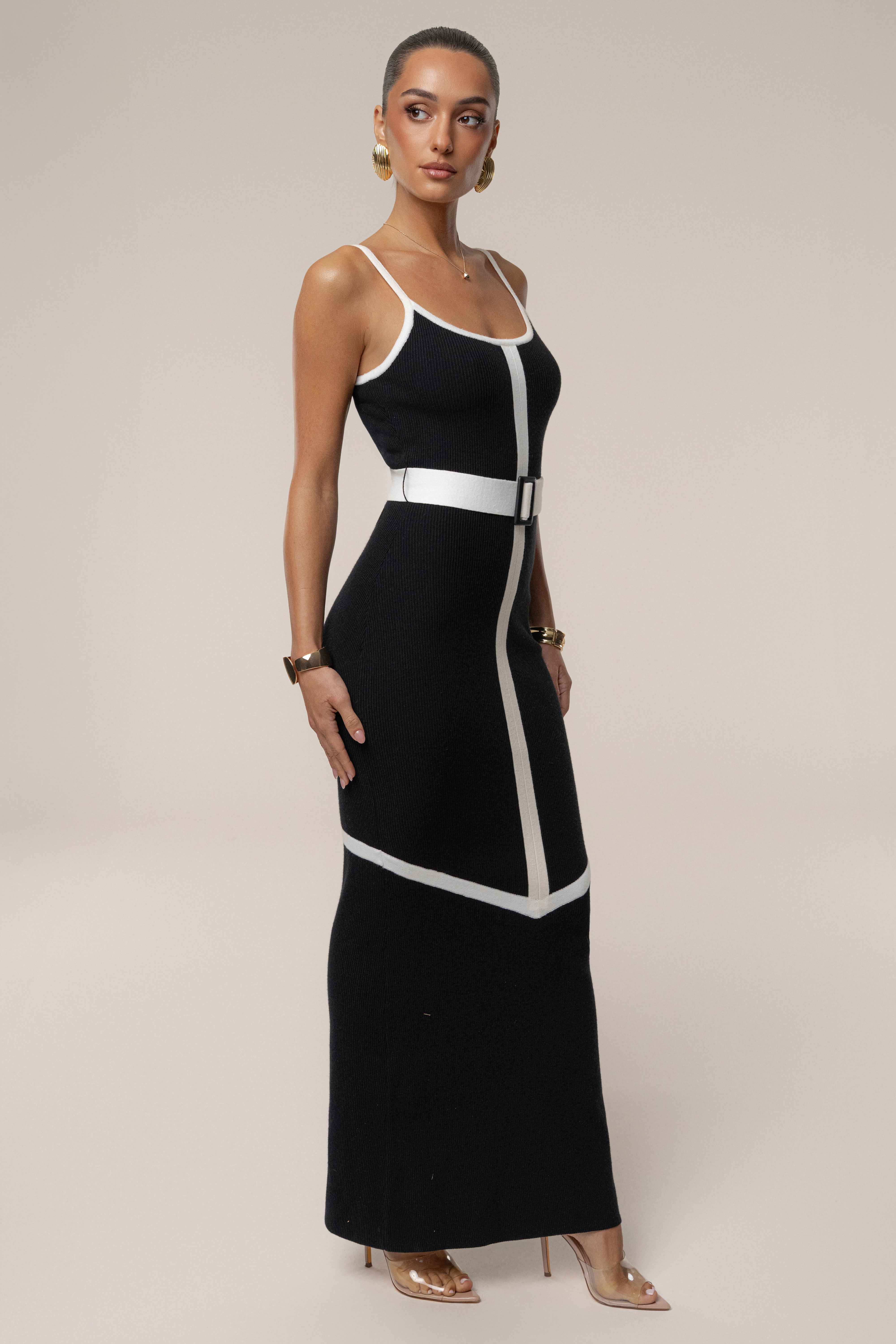 Black/Ivory Belted Cami Maxi Dress - JLUXLABEL