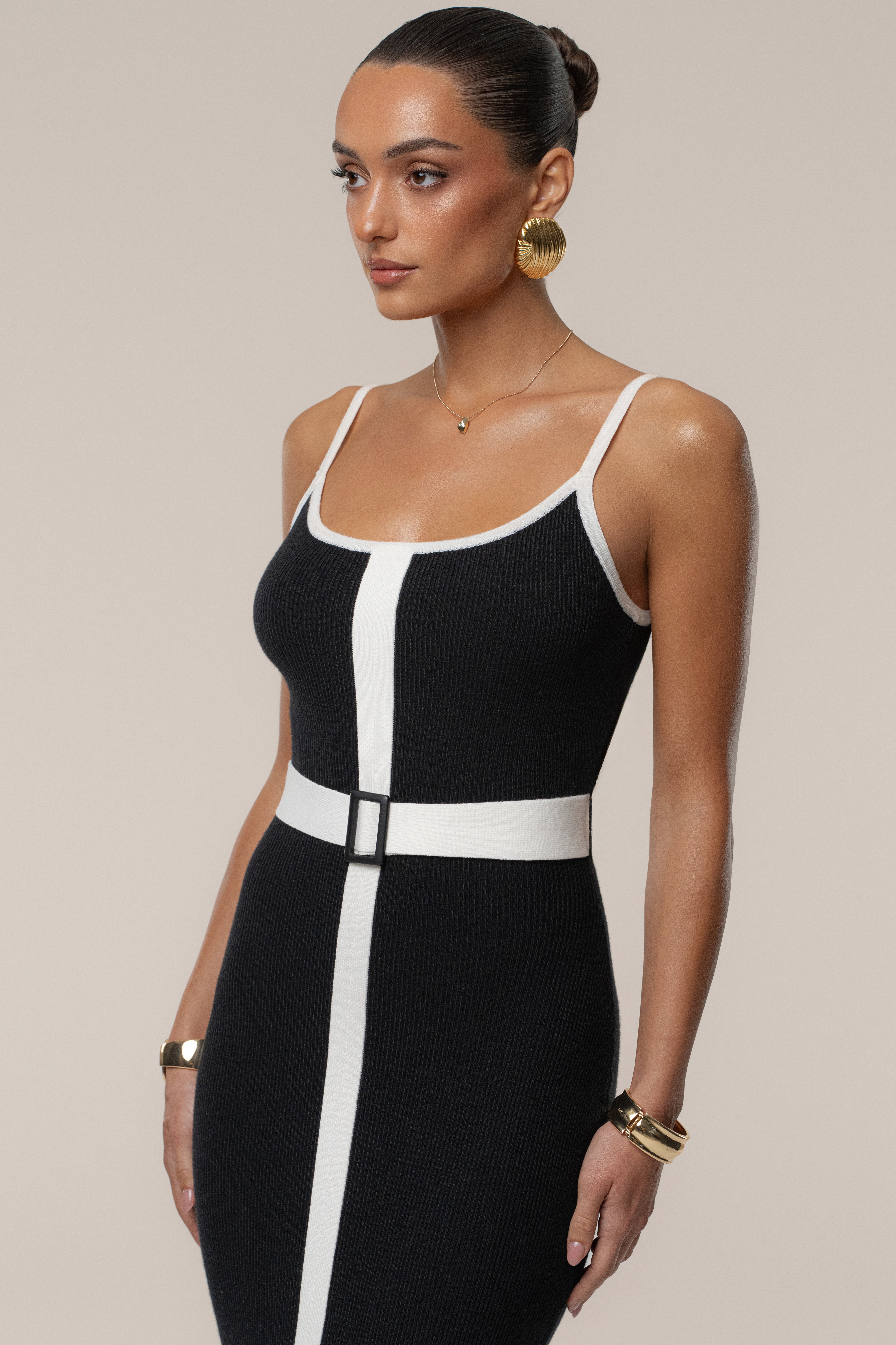 Black/Ivory Belted Cami Maxi Dress - JLUXLABEL