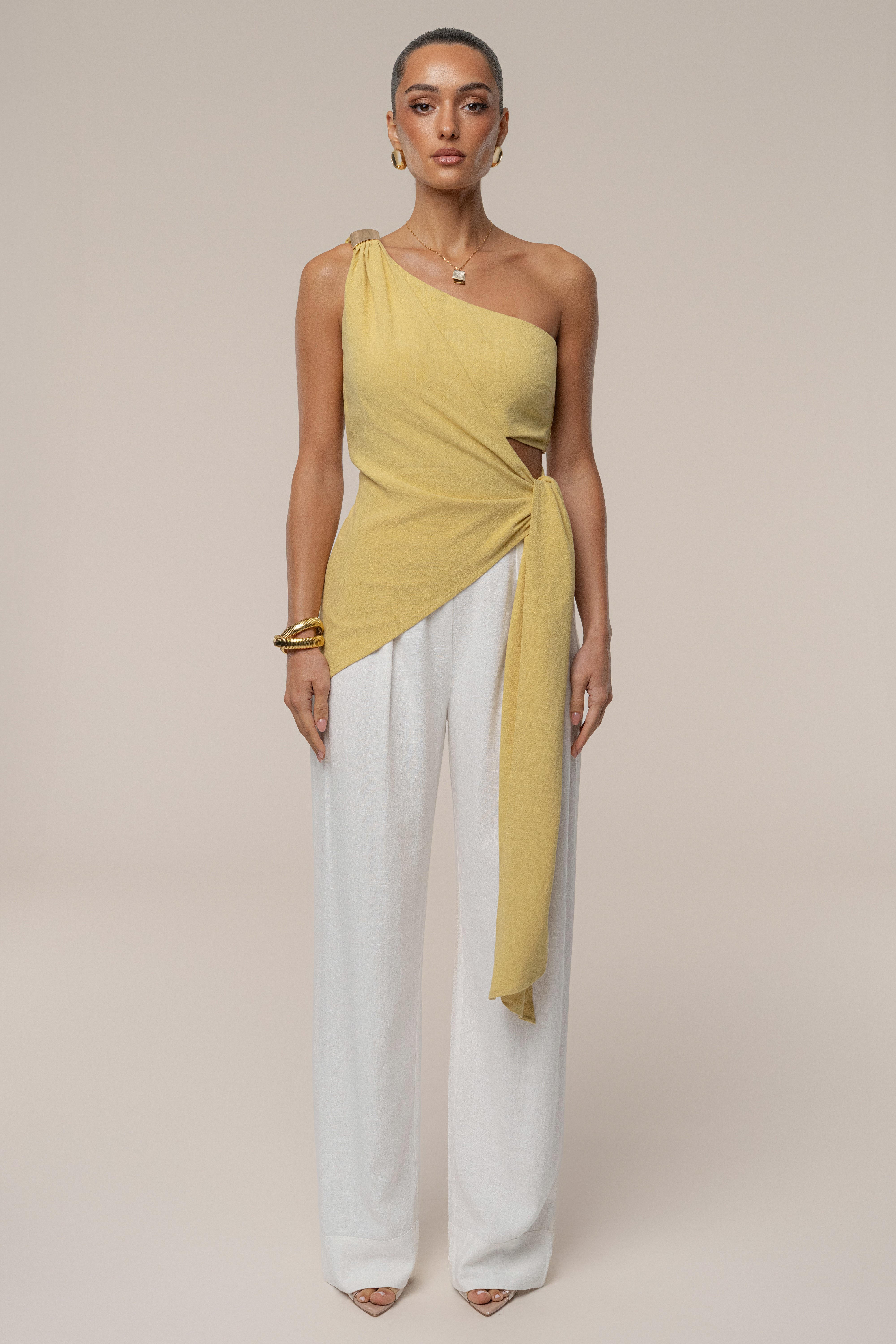 Yellow Palmera One Shoulder Top - JLUXLABEL