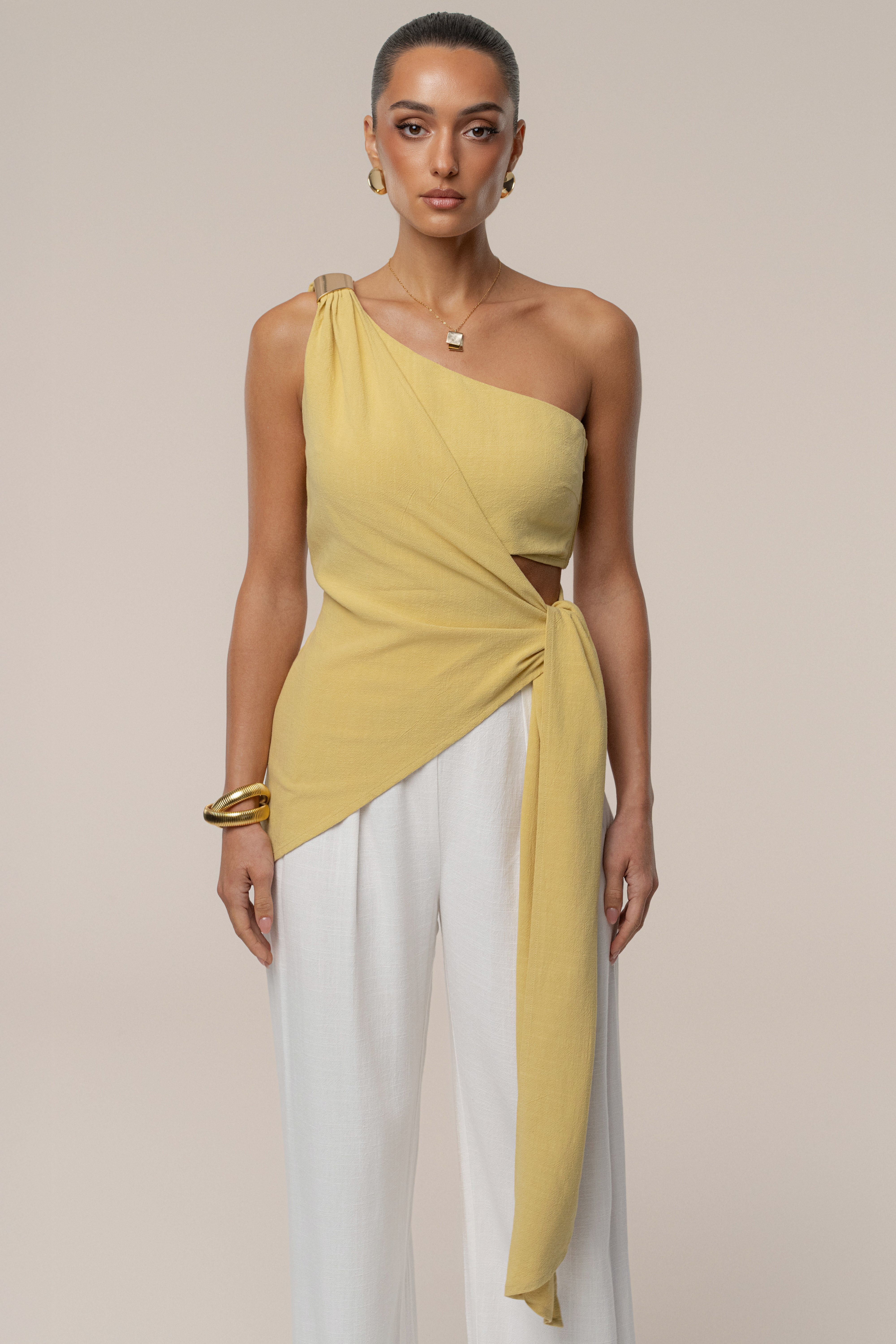 Yellow Palmera One Shoulder Top - JLUXLABEL