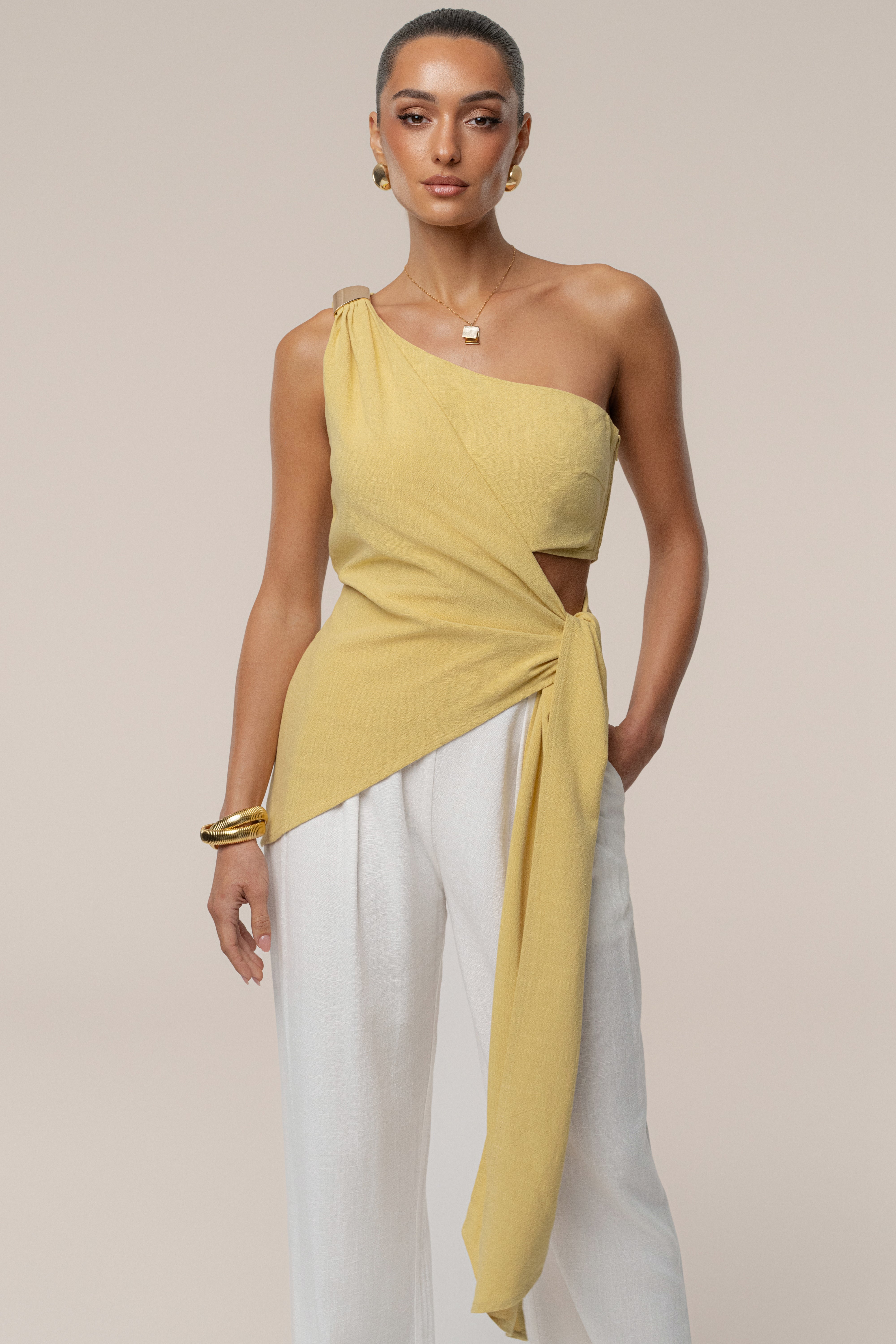 Yellow Palmera One Shoulder Top - JLUXLABEL