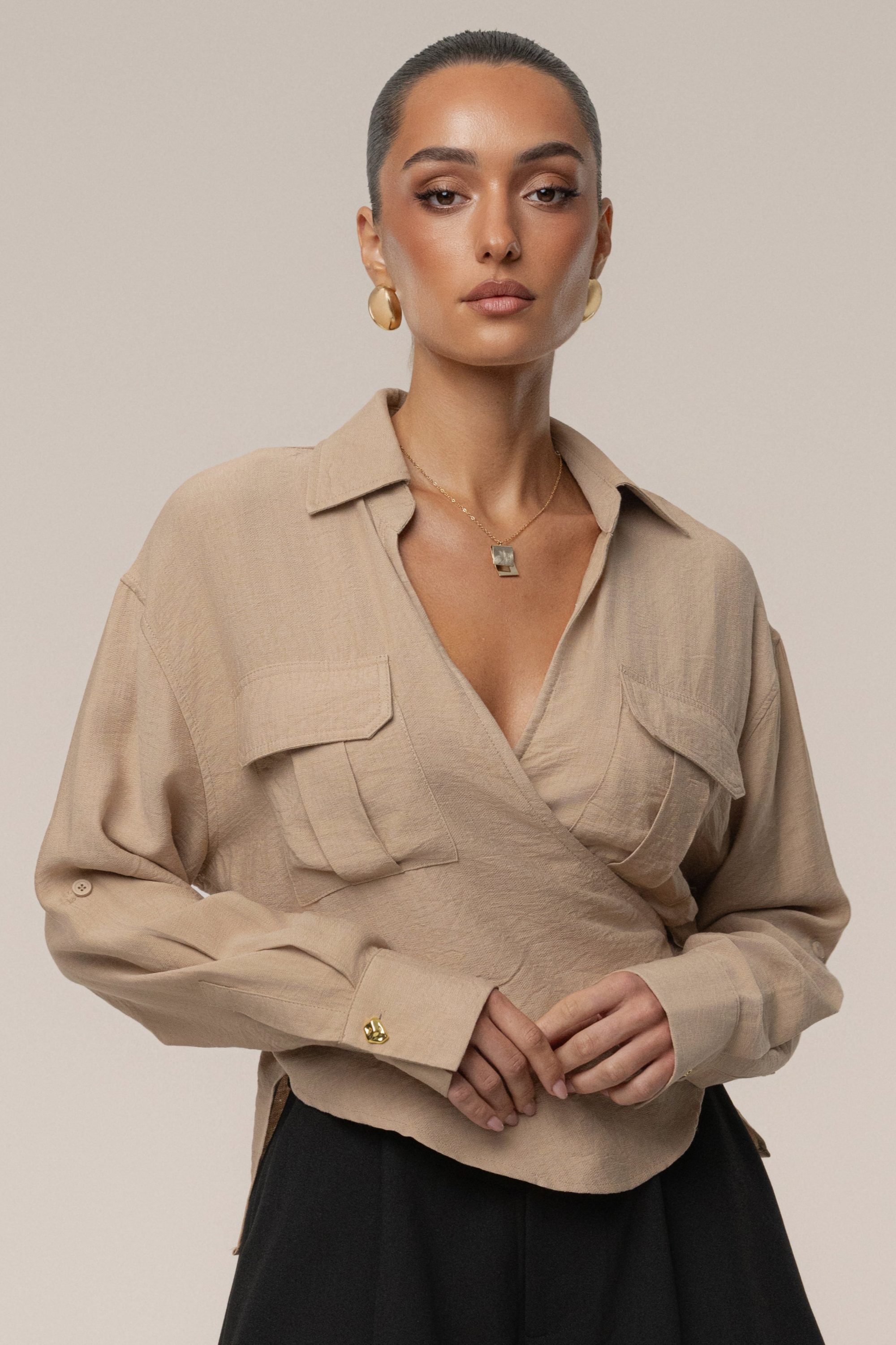 Tan Drift Collared Cargo Top - JLUXLABEL